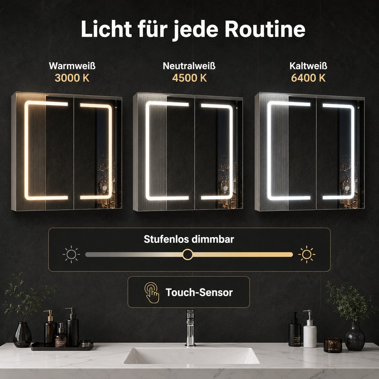 Simurq Spiegelschrank Spiegelschrank 80cm mit LED Beleuchtung & Anti-Beschlag (Spiegelschrank, Glasböden, LED-Beleuchtung, Netzteil, Montagezubehör) LED-Badezim – Bild 5 von 5