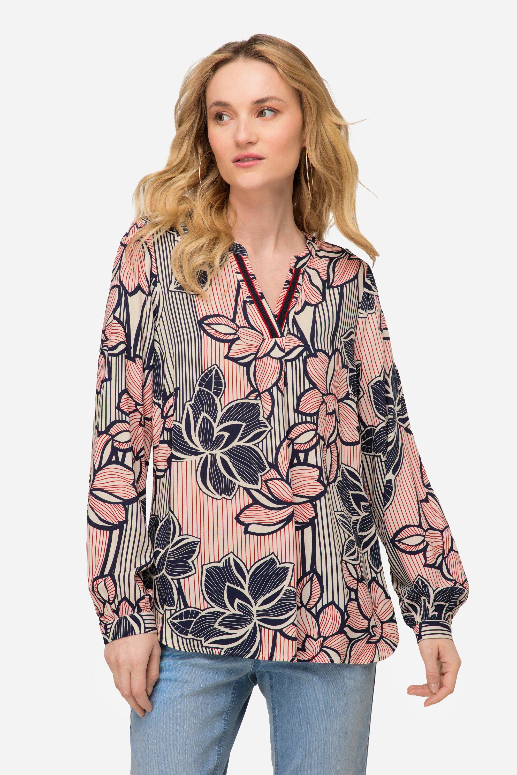 Hemdbluse Bluse Blumen Print Stehkragen Langarm