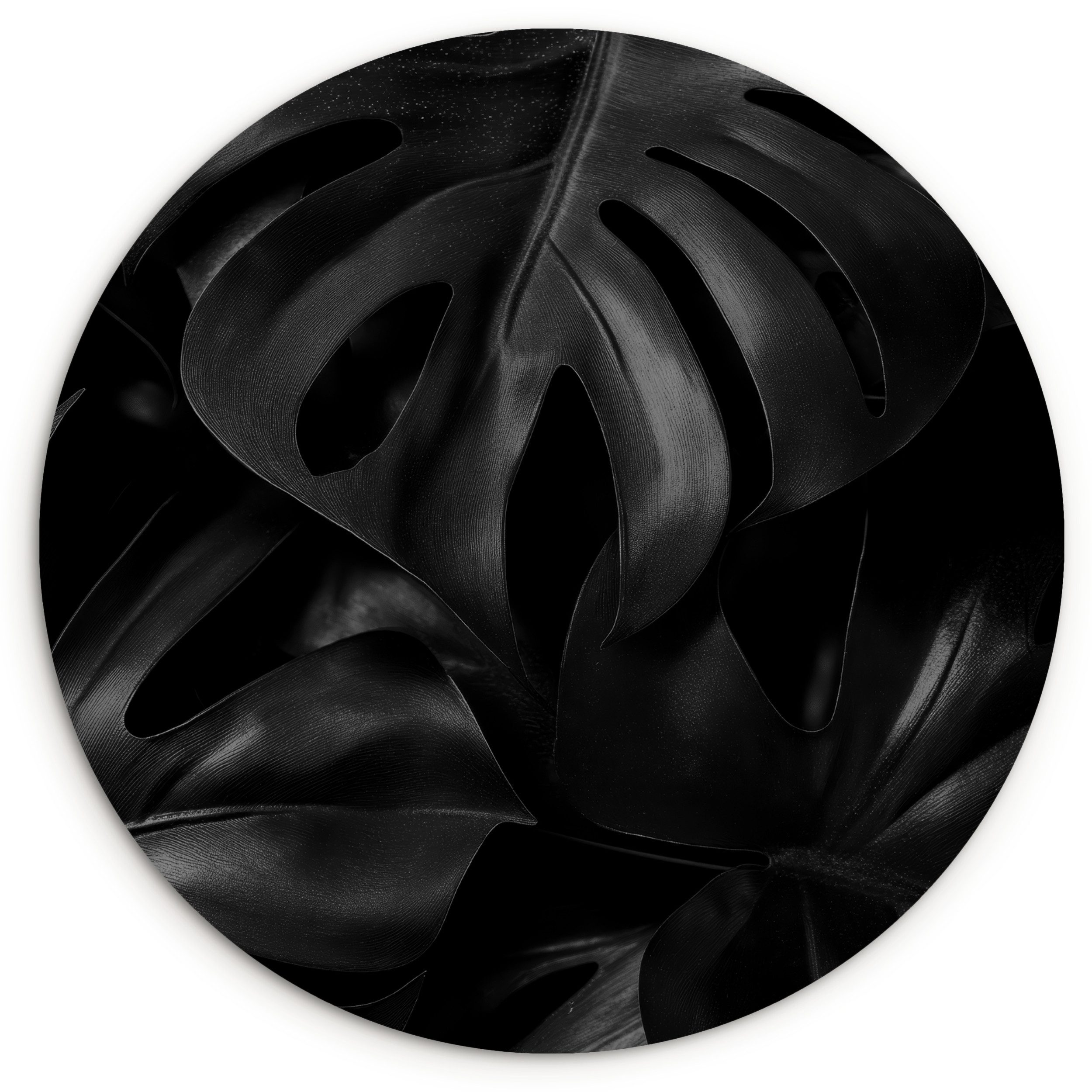 MuchoWow Gemälde Schwarz - Monstera - Blätter, Fotodruck (1 St), Kreis Wanddekoration, Rundes Wandbild, 30x30 cm
