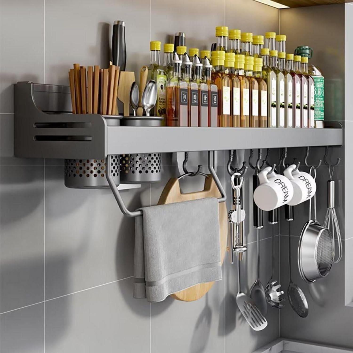 Hovoto Gewürzregal Gewürzregal Hängend ohne Bohren, Grau, 40cm, Organizer mit