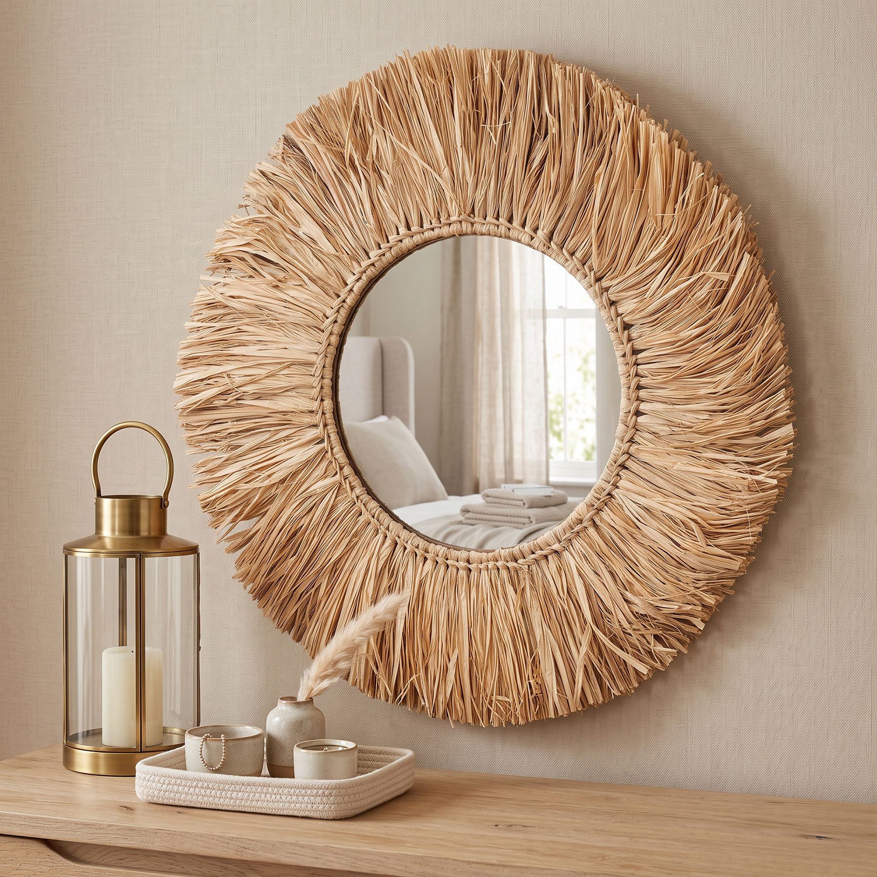 Levandeo® Dekoobjekt, Wandspiegel Seegras Ø 50cm Spiegel Rund Flurspiegel Wanddeko Boho