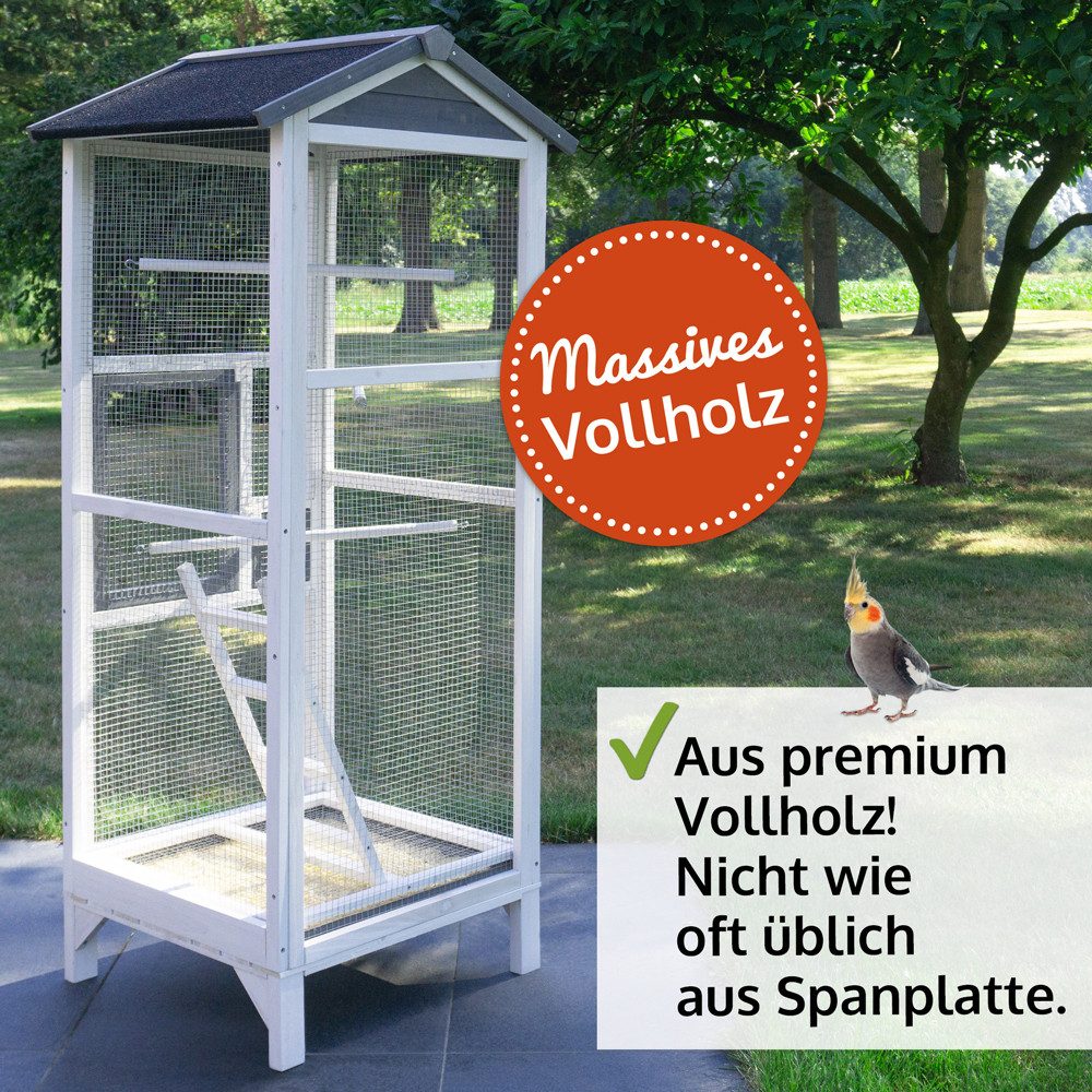 Zooprinz Vogelhaus Vogelvoliere Apollo aus wetterfesten Kiefernholz, Bitumendach, Kotschublade, Sitzstangen, 12 mm Maschenweite