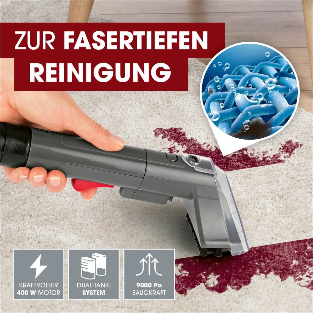 CLEANmaxx Teppichreinigungsgerät Polster- & Teppichreiniger 400W anthrazit/rot, 400 W, mit Frisch- & Brauchwassertank und Shampoo
