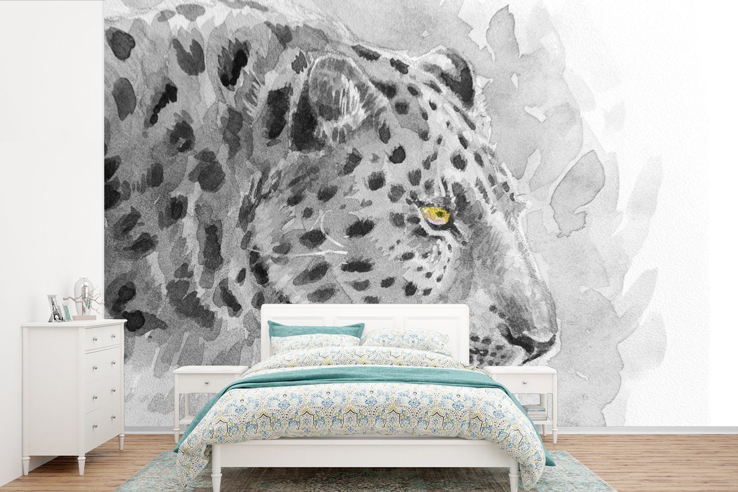 MuchoWow Fototapete Leopard - Schwarz - Weiß - Profil, Matt, bedruckt, (6 St), Wallpaper für Wohnzimmer, Schlafzimmer, Kinderzimmer, Vinyl Tapete