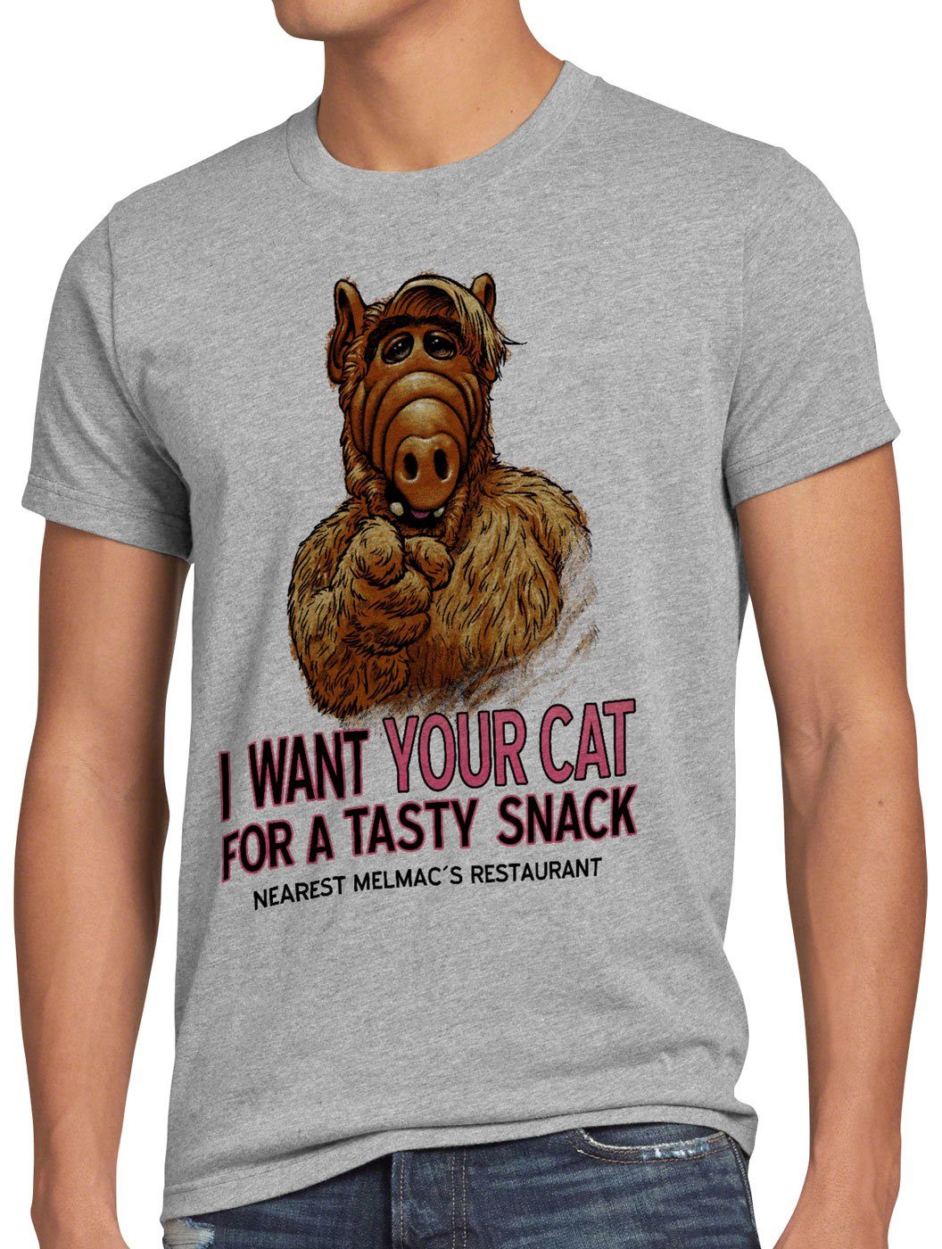 style3 Print-Shirt Herren T-Shirt I Want Your Cat alf melmac sitcom grau meliert