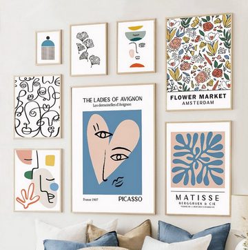 TPFLiving Kunstdruck (OHNE RAHMEN) Poster - Leinwand - Wandbild, Henri Matisse - Abstrakte Linien - (Gesichter - Korallen - Blätter), Farben: grün, rosa, blau, schwarz, weiß - Größe 10x15cm
