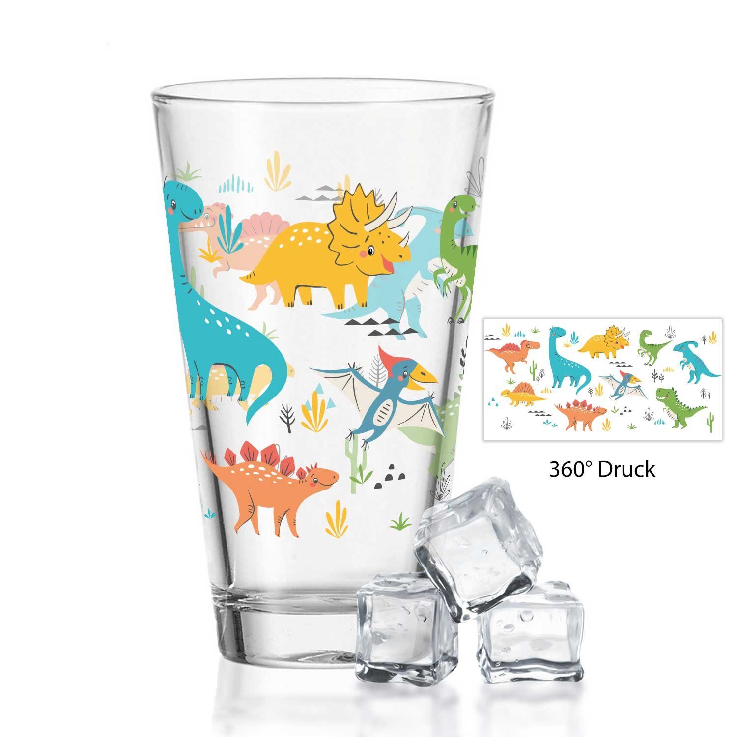GRAVURZEILE Glas Leonardo Wasserglas mit UV-Druck - im Dinogruppe 360° Design, Glas, - Alltagstauglich - als Geschenk für Kinder zum Kindergeburtstag