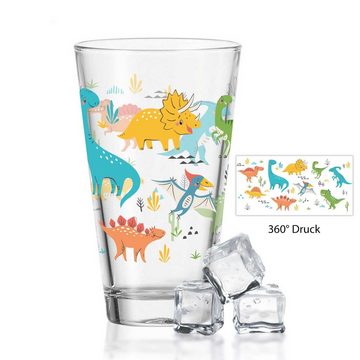 GRAVURZEILE Glas Leonardo Wasserglas mit UV-Druck - im Dinogruppe 360° Design, Glas, - Alltagstauglich - als Geschenk für Kinder zum Kindergeburtstag