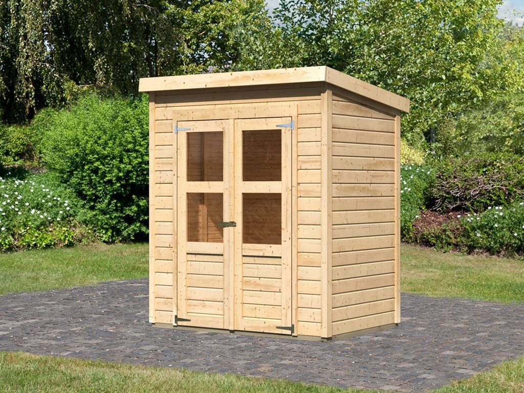 Karibu Gartenhaus Gerätehaus Merseburg 2 14 mm naturbelassen, BxT: 189x142 cm, 14 mm Wandstärke, Doppeltür mit Kunstglas-Einsätzen