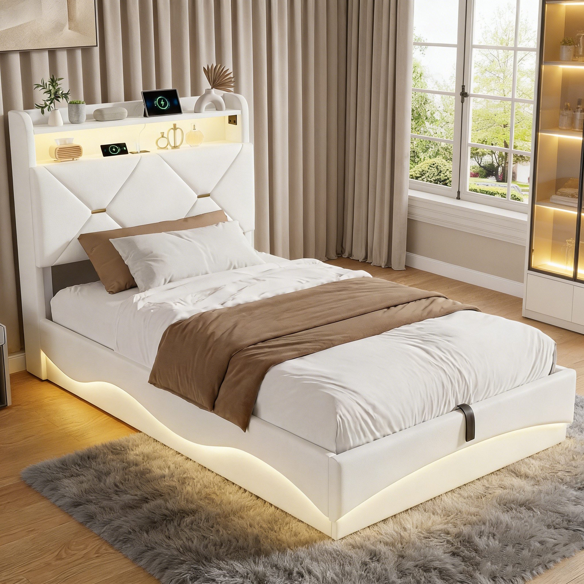 PXloue Polsterbett LED Doppelbett, Bettkasten, Ladefunktion, Samt, 90x200 cm