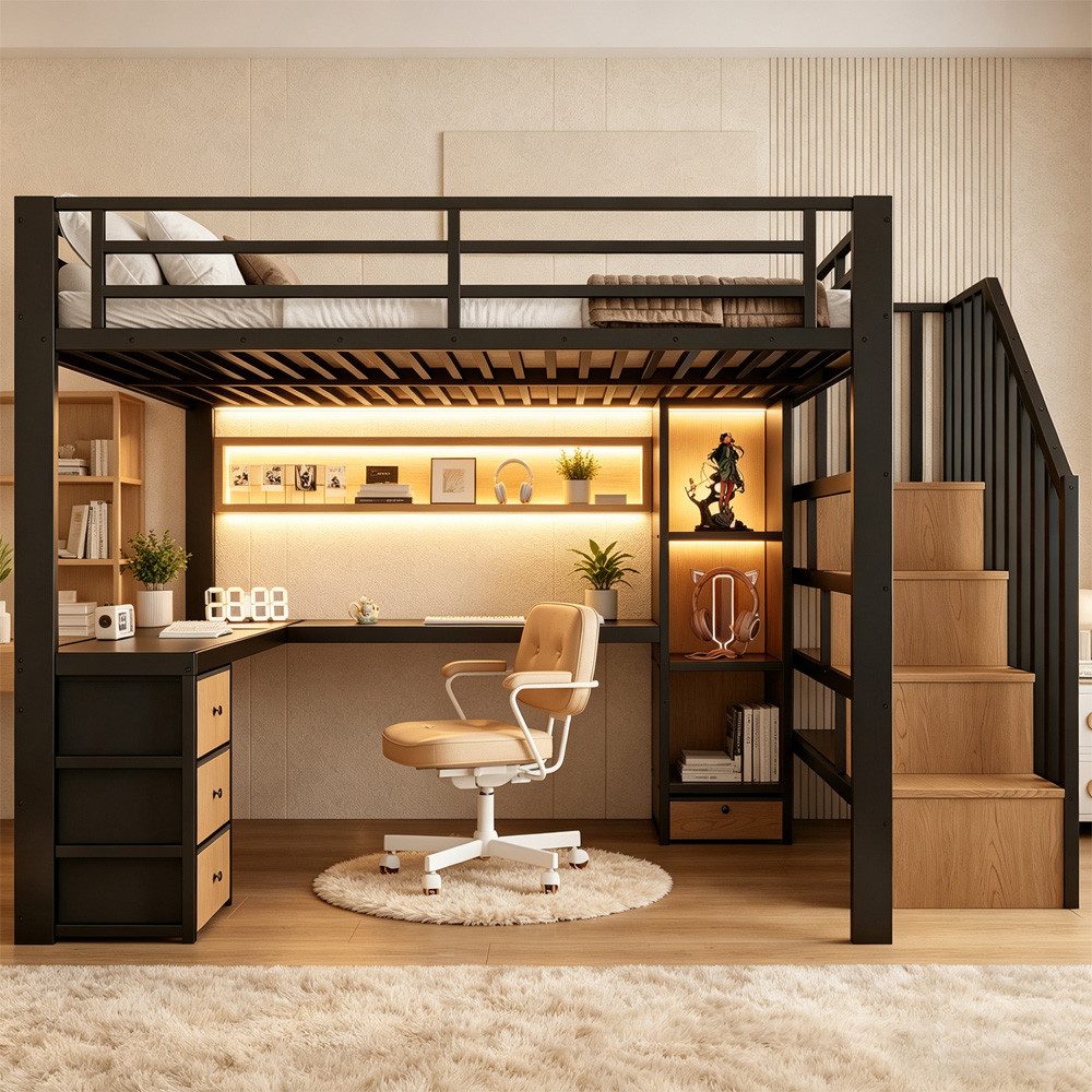 REDOM Hochbett Jugendbett mit Eisenrahmen, Ablagefach, 4 Schubladen (LED-Lichtleiste, Schreibtisch und Stauraumtreppe, Funktionsbett Metallbett, 90 x 200 cm) ohne Matratze
