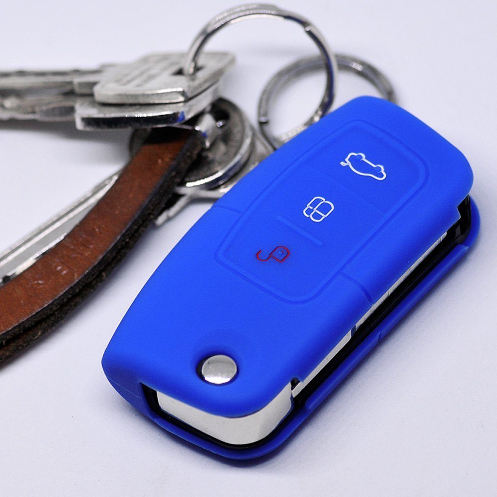 mt-key Schlüsseltasche Schutzhülle Klappschlüssel Silikon Fiesta Ford S-Max Softcase Knopf Blau, Ecosport C-Max Focus für Autoschlüssel Kuga 3