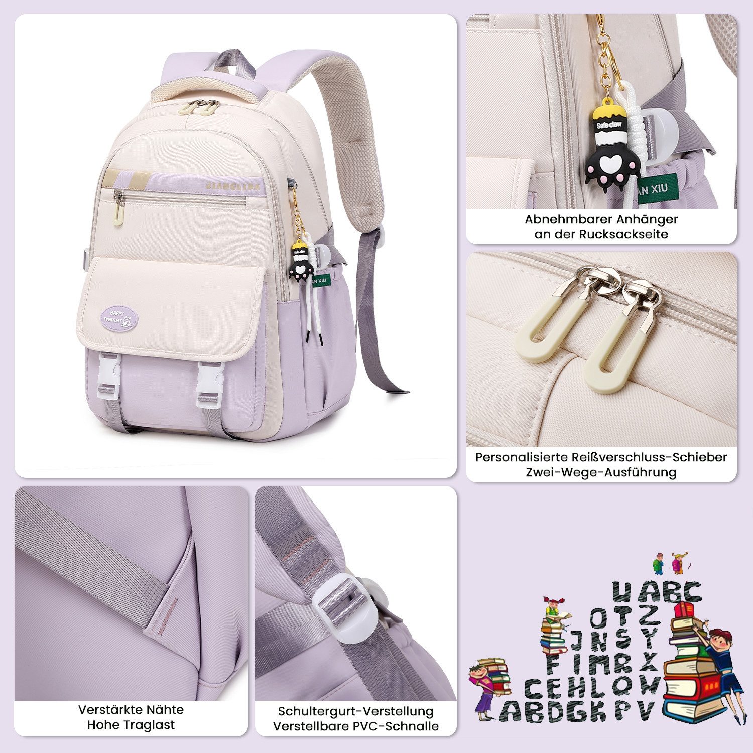 MOPUEA Schulrucksack 3-teiliges Schulrucksack-Set Turnbeutel Mit 6 magnetischen Lesezeichen (Multi-Tasche Schulranzen Rucksack Daypacks Schultaschen-Set Teenage – Bild 3 von 5