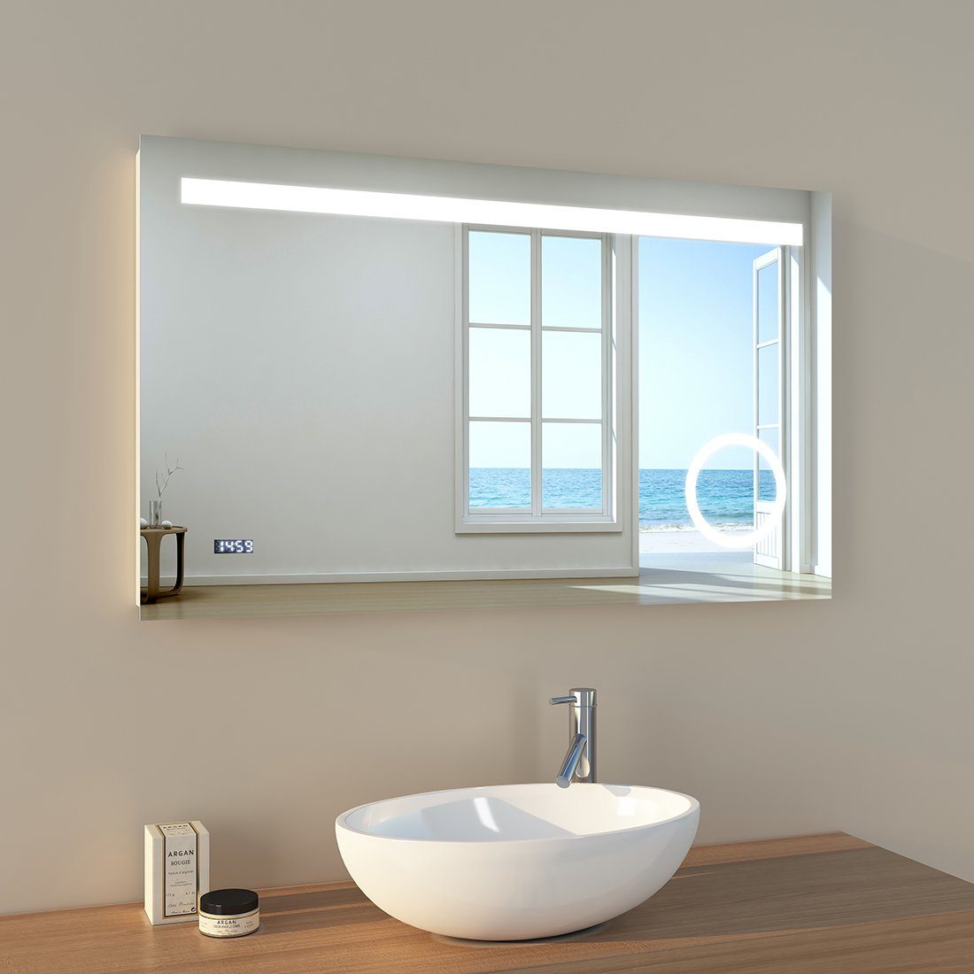 EMKE Badspiegel EMKE Badspiegel mit Beleuchtung, LED Wandspiegel, mit  Sensorschalte, Uhr, 3-fach Lupe, Kaltweiß (Modell Q)