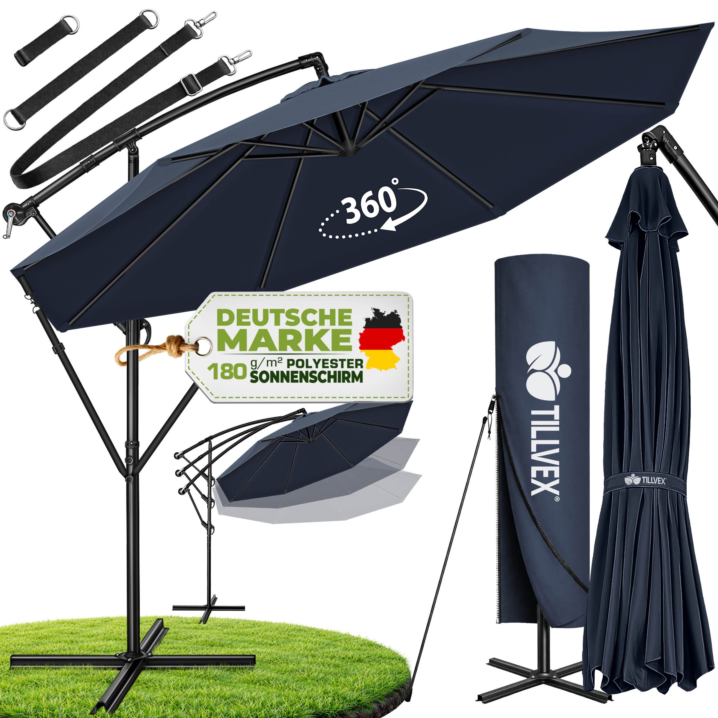 tillvex Sonnenschirm tillvex Sonnenschirm Ø 300 - 350 cm Ampelschirm Gartenschirm Marktschi, Alu Sonnenschirm + Abdeckung Ø 350 cm mit Kurbel, Gartenschirm UV-Schutz Aluminium, Kurbelschirm Marktschirm wasserdicht 360° drehbar