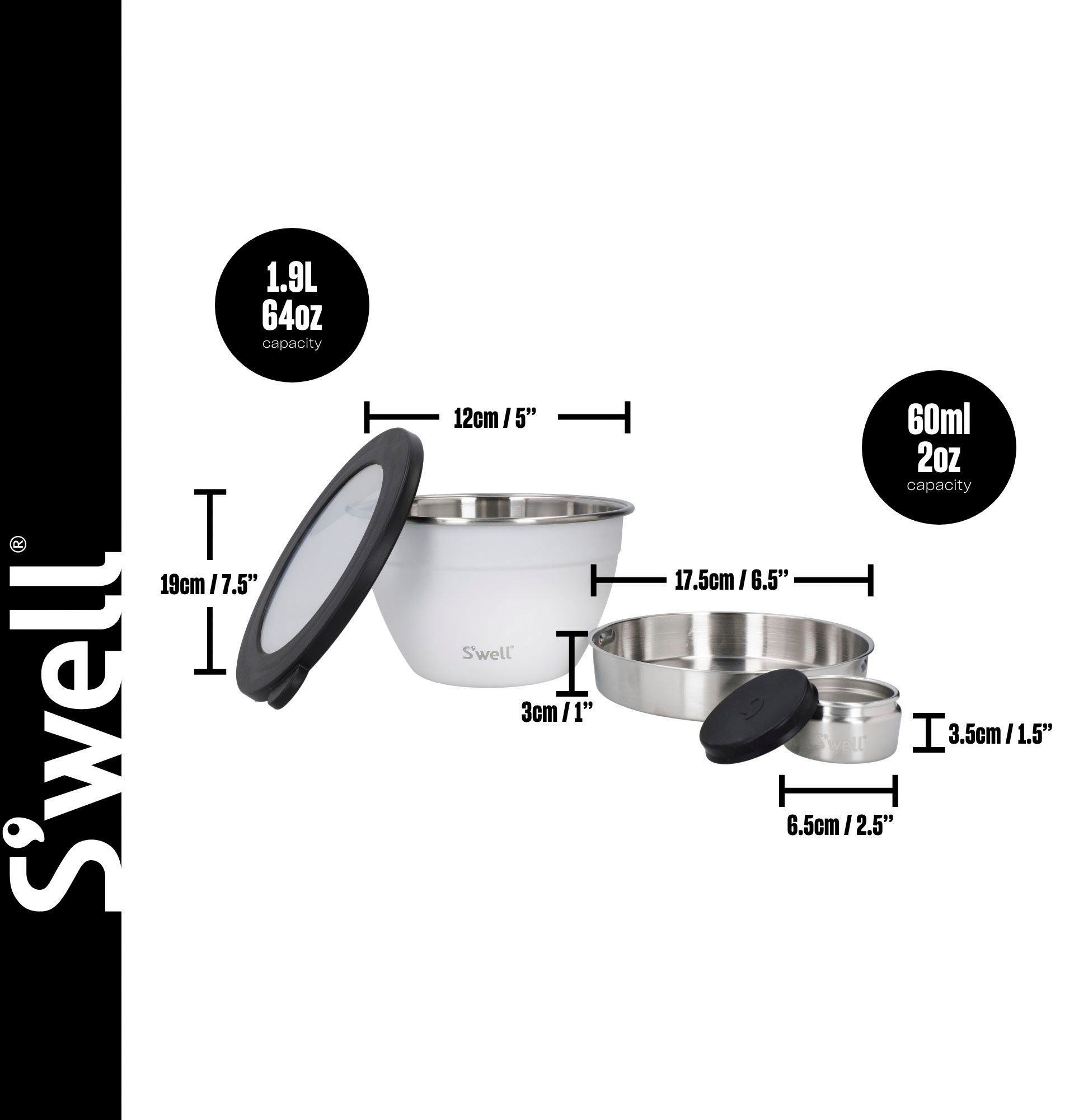 S'well Salatschüssel mit 1.9L, S'well (3-tlg), Calacatta Kit, Außenschale vakuumisolierten Salad weiß Edelstahl, Therma-S'well®-Technologie Gold Bowl