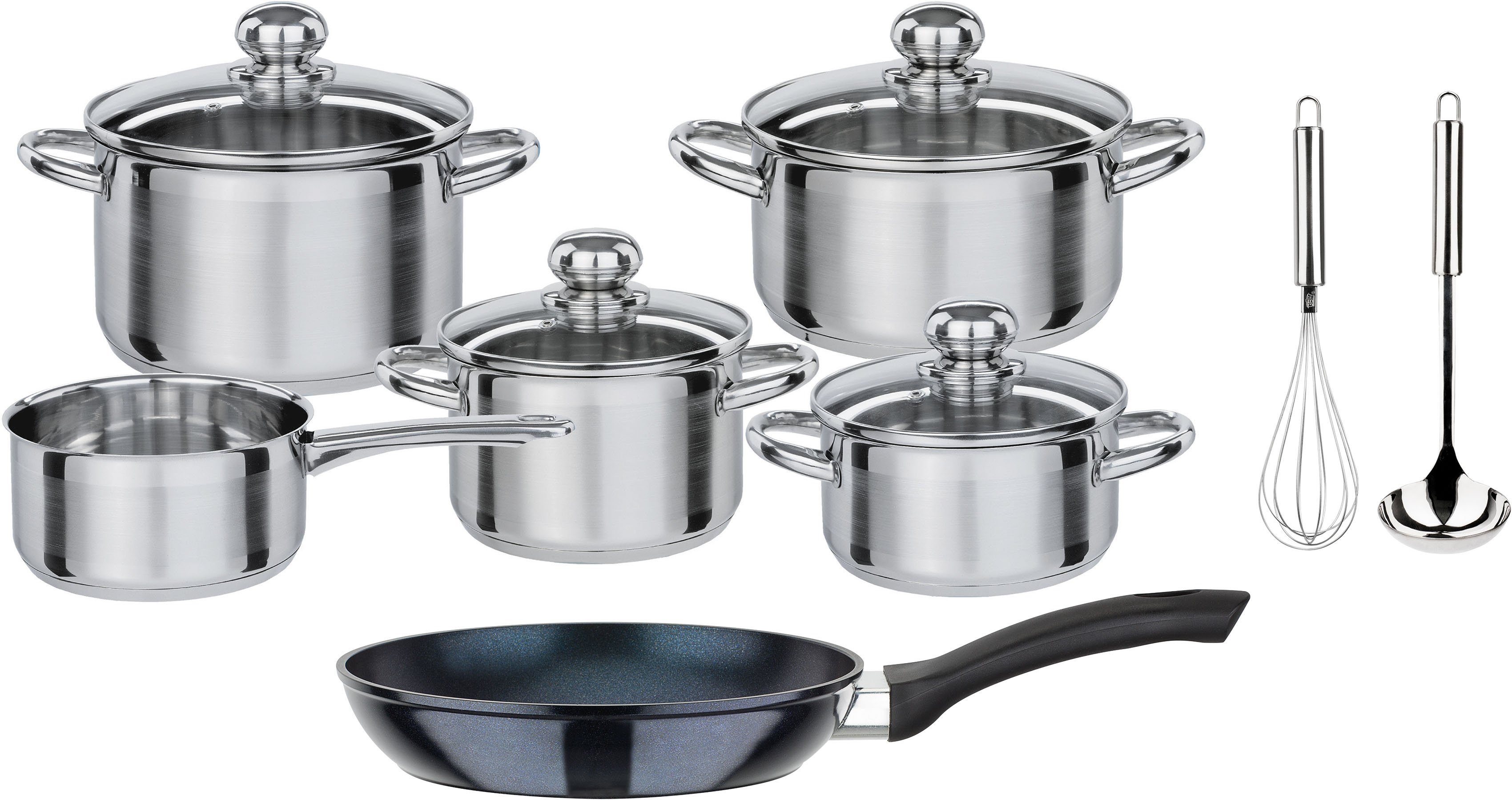 GSW Topf-Set Silver Star, Edelstahl (Set, 12-tlg., 1 je Braten- u. Fleischtopf 16/20cm, 1 Kasserolle 16cm, 1 Pfanne 20cm), Edelstahl rostfrei, Induktion