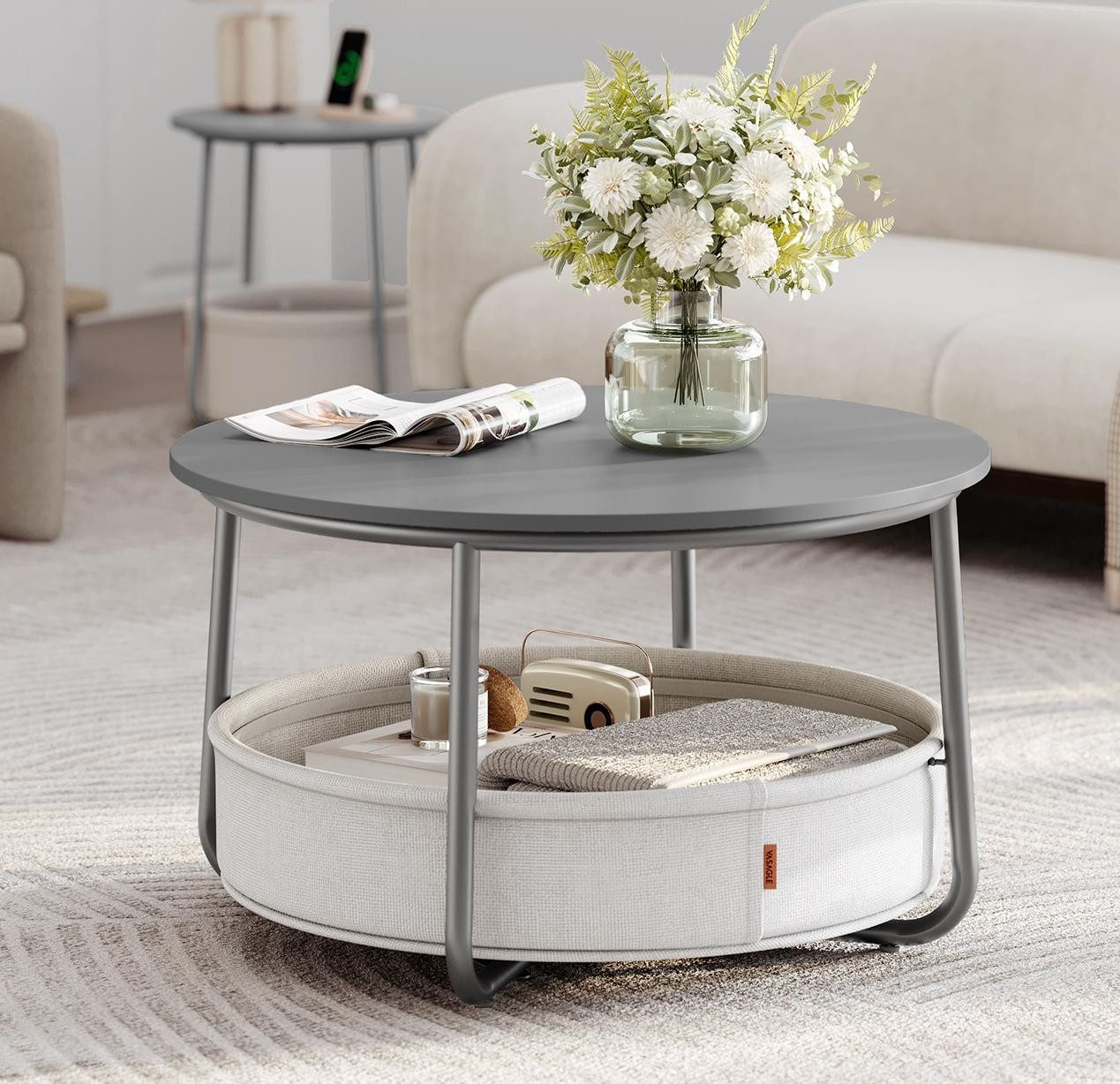VASAGLE Couchtisch, Beistelltisch, rund Wohnzimmertisch mit Korb aus Stoff, günstig online kaufen