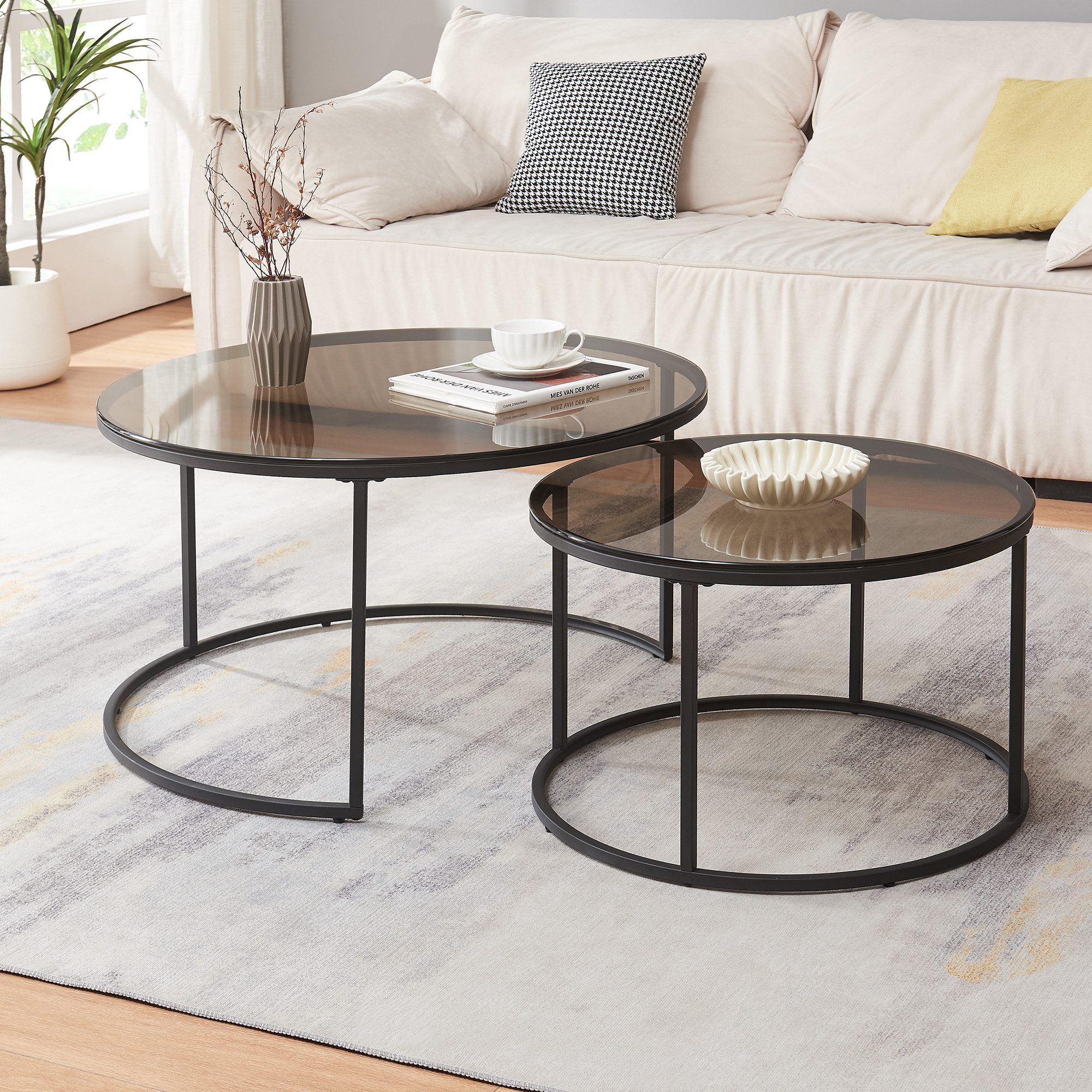 en.casa Couchtisch (Set, 2-St), »Kokkola« Satztisch rund Metall Rauchglas, günstig online kaufen