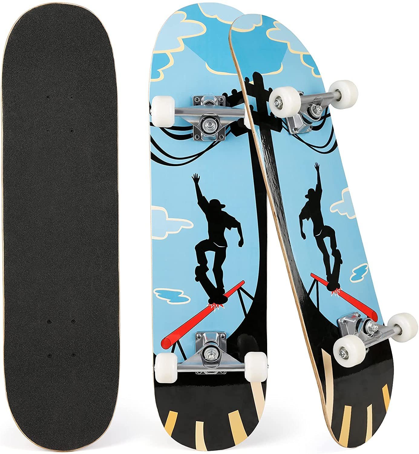 MALUX Skateboard MALUX Skateboard 31x8 Zoll Komplette Cruiser Skateboard  mit Double Kick, Longboard aus 7-Lagiger Kanadischer Ahorn, Komplettboard  mit ABEC-9 Kugellager für Kinder Jugendliche Anfänger Erwachsene geeignet