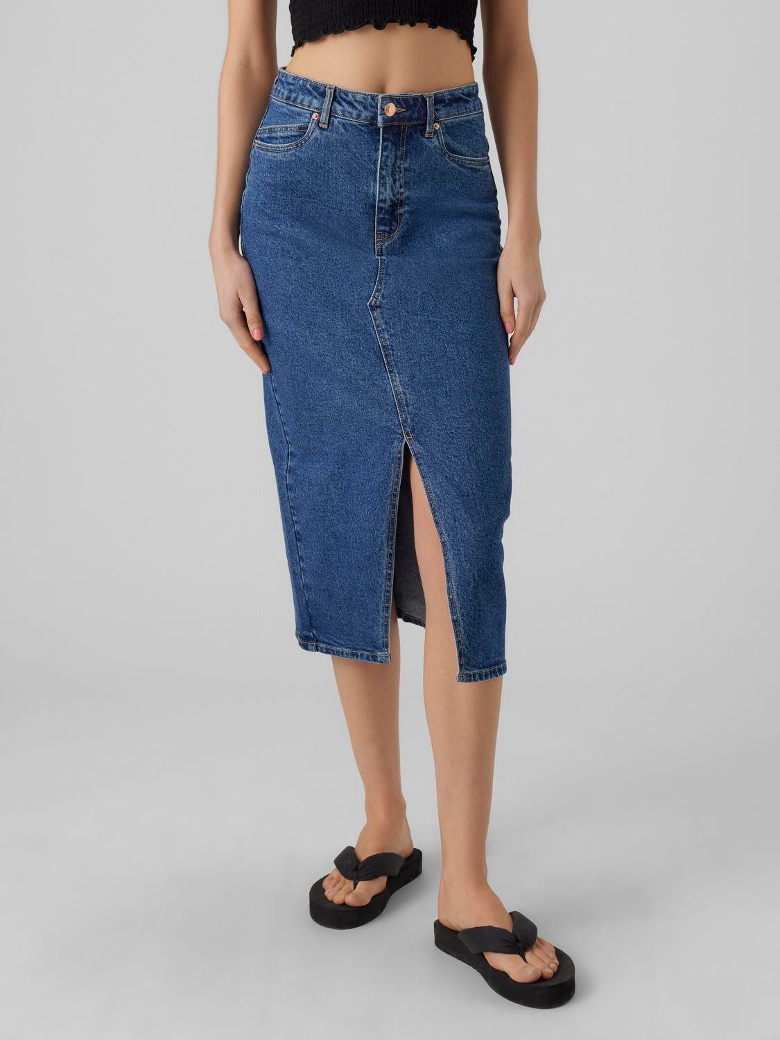 Vero Moda Sommerrock Wadenlanger Denim mit Schlitz 5-Pocket VMVERI HR CALF günstig online kaufen