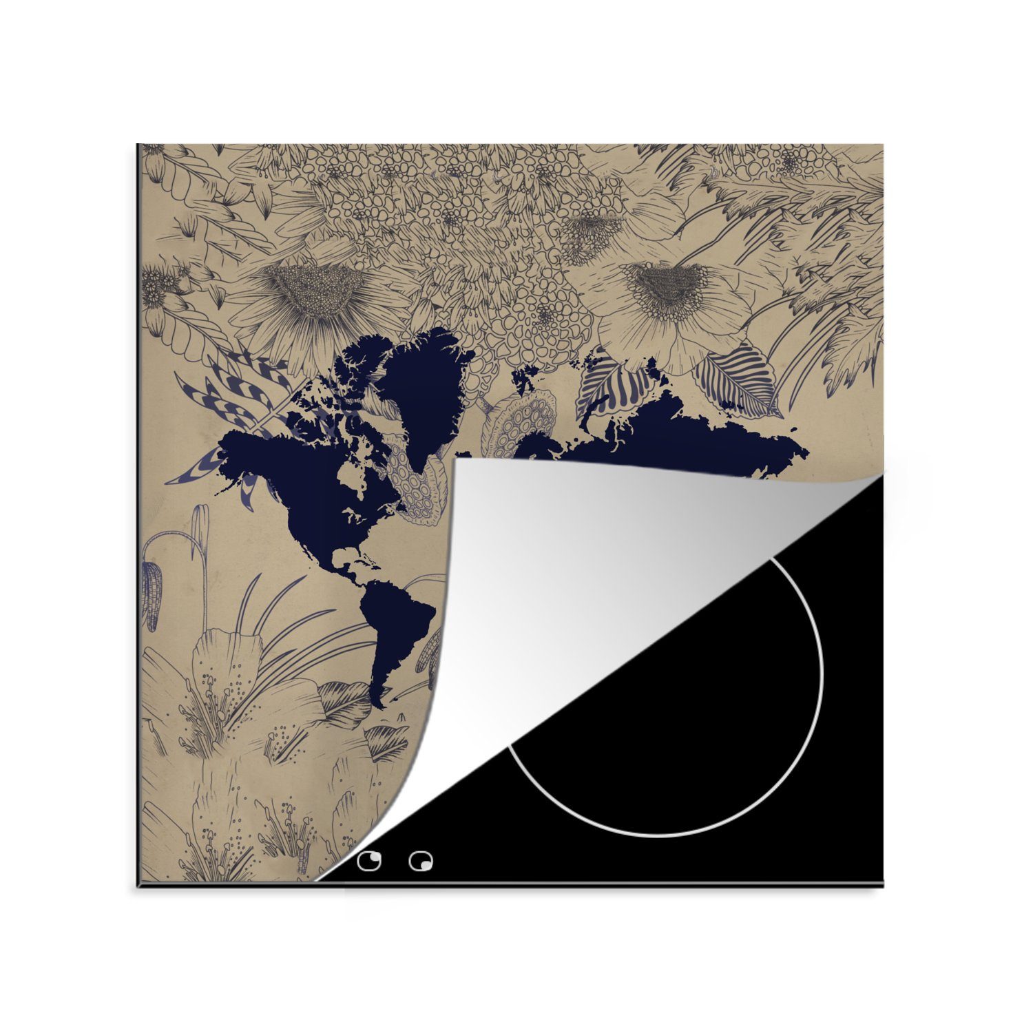 MuchoWow Herdblende-/Abdeckplatte Weltkarte - Pflanzen Arbeitsplatte küche tlg), Ceranfeldabdeckung, Lila, 78x78 cm, - für Vinyl, (1