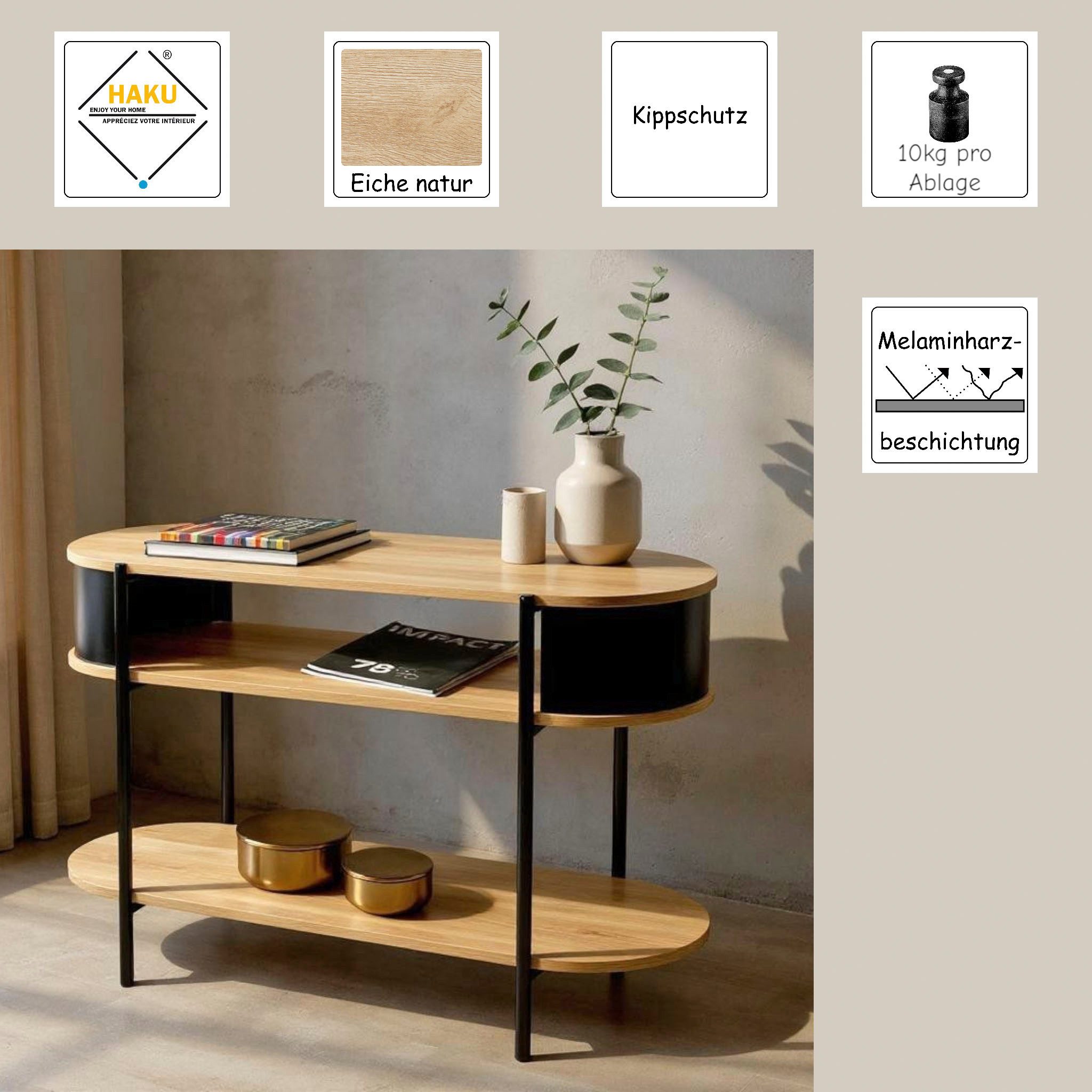 HAKU Konsolentisch Beistelltisch (1-St), oval - aus MDF Braun B/T/H 110/39/76 cm