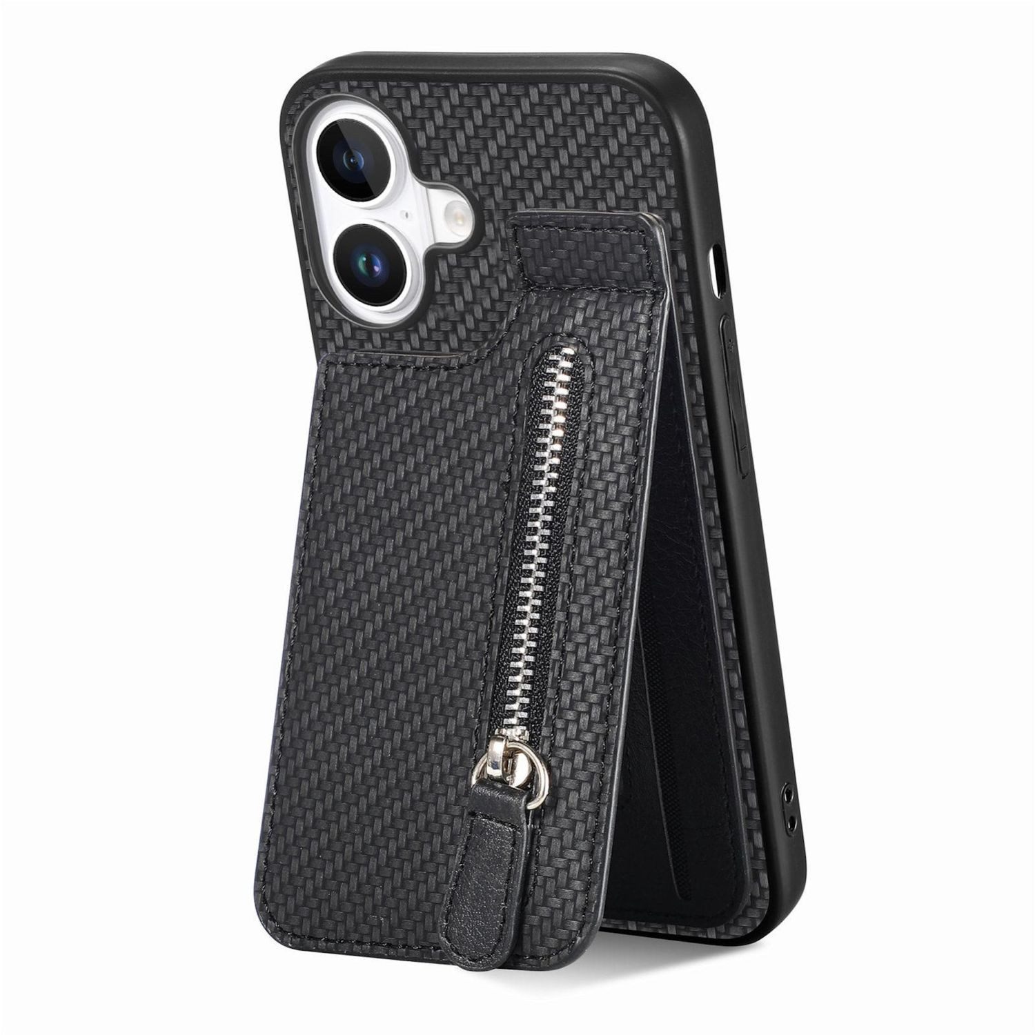 Wigento Handyhülle Für Apple iPhone 17 Carbon Look Vertikal Flip Kunstleder Hülle Schwarz, Reißverschlussfach, Kartenfächer, stoßfest
