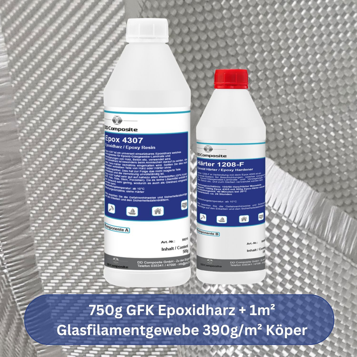 DD Composite Reparatur-Set 750g GFK Epoxidharz + 1m² Glasfilamentgewebe 390g/m² Köper, 3-St. – Bild 2 von 5