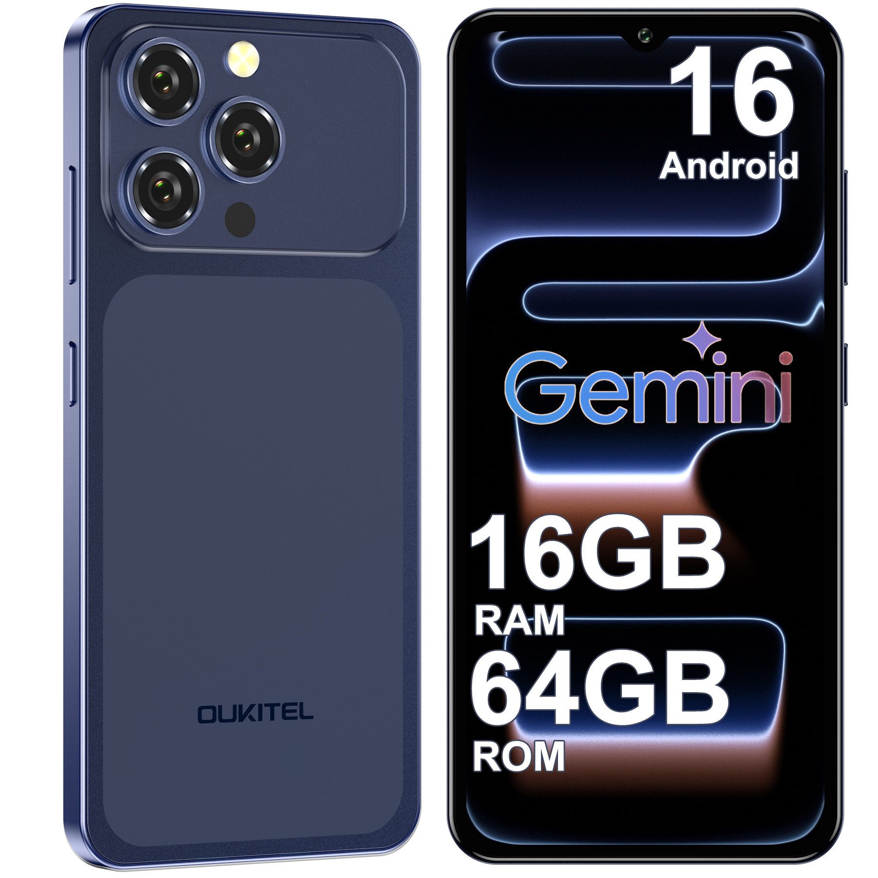 OUKITEL C17 16GB RAM+64GB ROM oder 128GB ROM/TF 1TB, Android 16 Smartphone (16,56 cm/6.52 Zoll, 64 GB Speicherplatz, 13 MP Kamera, 6.52" HD+ Display, 5000mAh, 4G-Dual-SIM, GPS, Gemini)