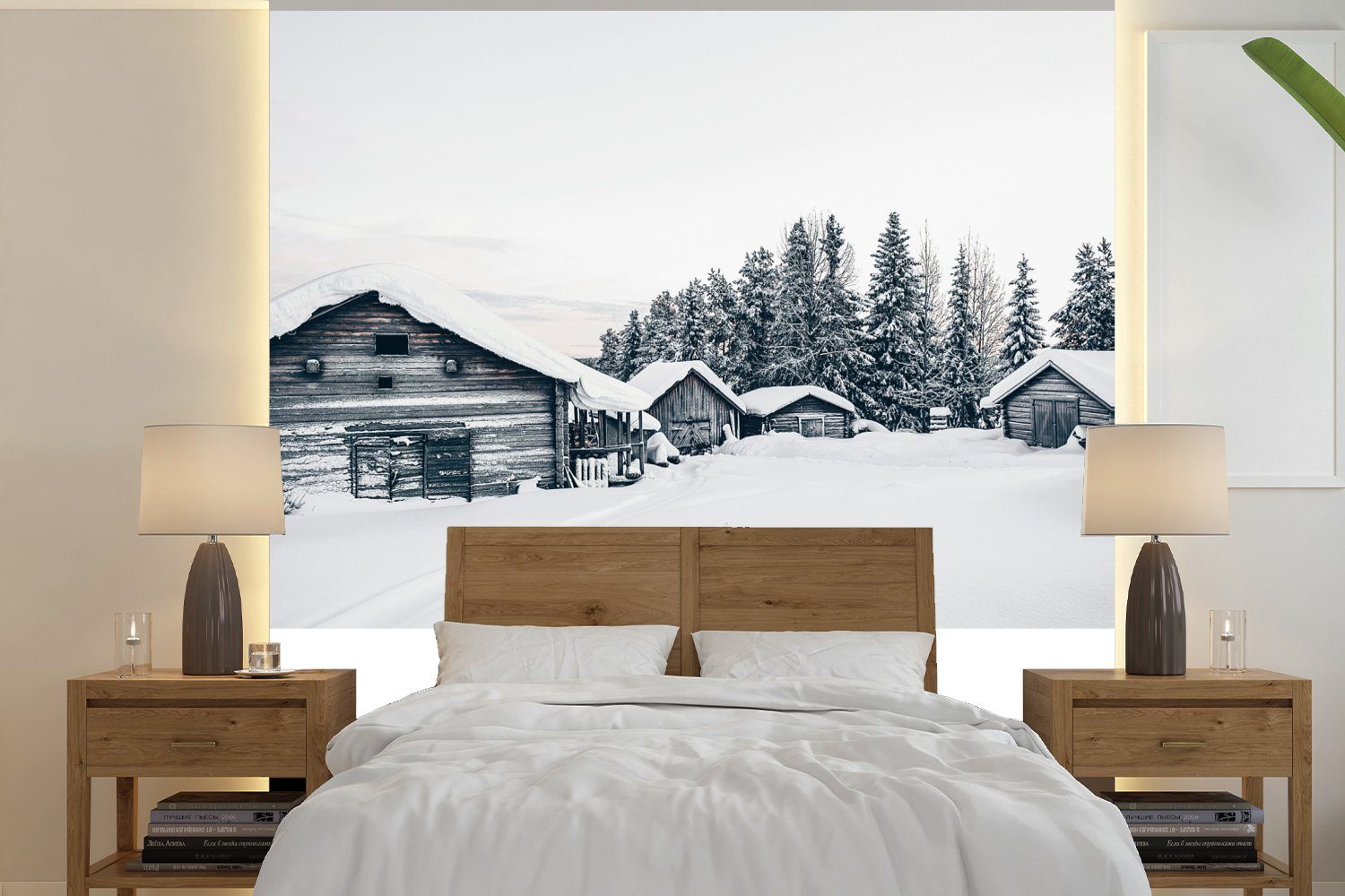 (5 oder Skandinavien Fototapete Schweden Winter, Wohnzimmer bedruckt, - Vinyl Tapete MuchoWow für St), Schnee Schlafzimmer, - Matt, - Wandtapete