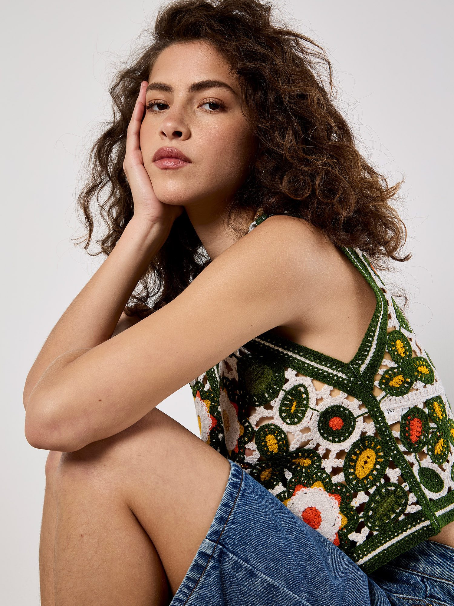 Apricot Stricktop Geblümte Häkelweste im Boho-Look günstig online kaufen