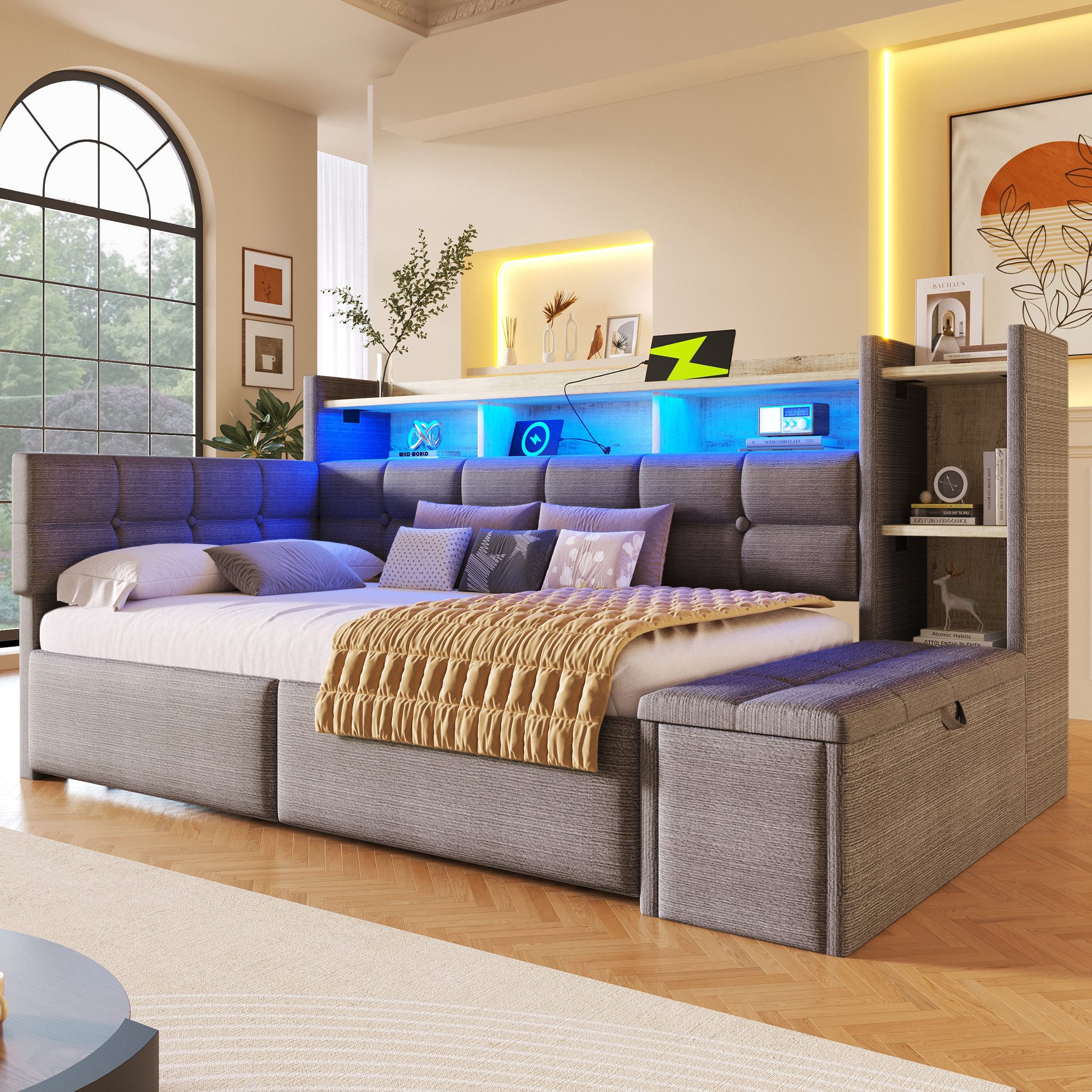 MODFU Schlafsofa mit LED-Lichtleiste, zwei Schubladen & Ablagefach, Polsterbett Kinderbett mit USB- und Typ-C-Anschlüsse, Einzelbett 90x190 cm, ohne Matratze