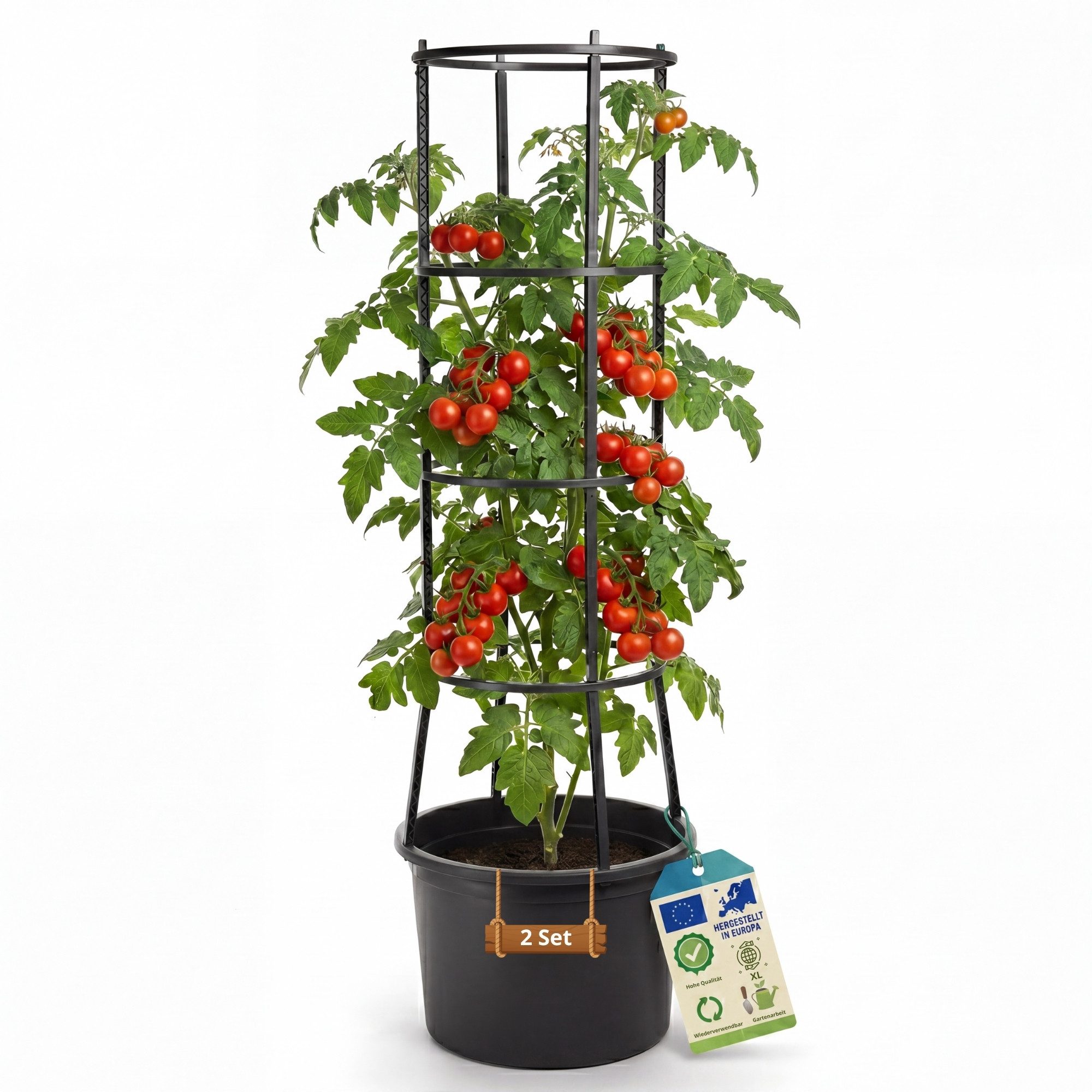 BigDean Pflanzkübel 5 Stück Tomatentopf XL ca 40cm und 154cm hoch stabil Made in Europa (2 St., 5er Set), mitwachsender Rankturm, Selbstbewässerung, Made in Europe