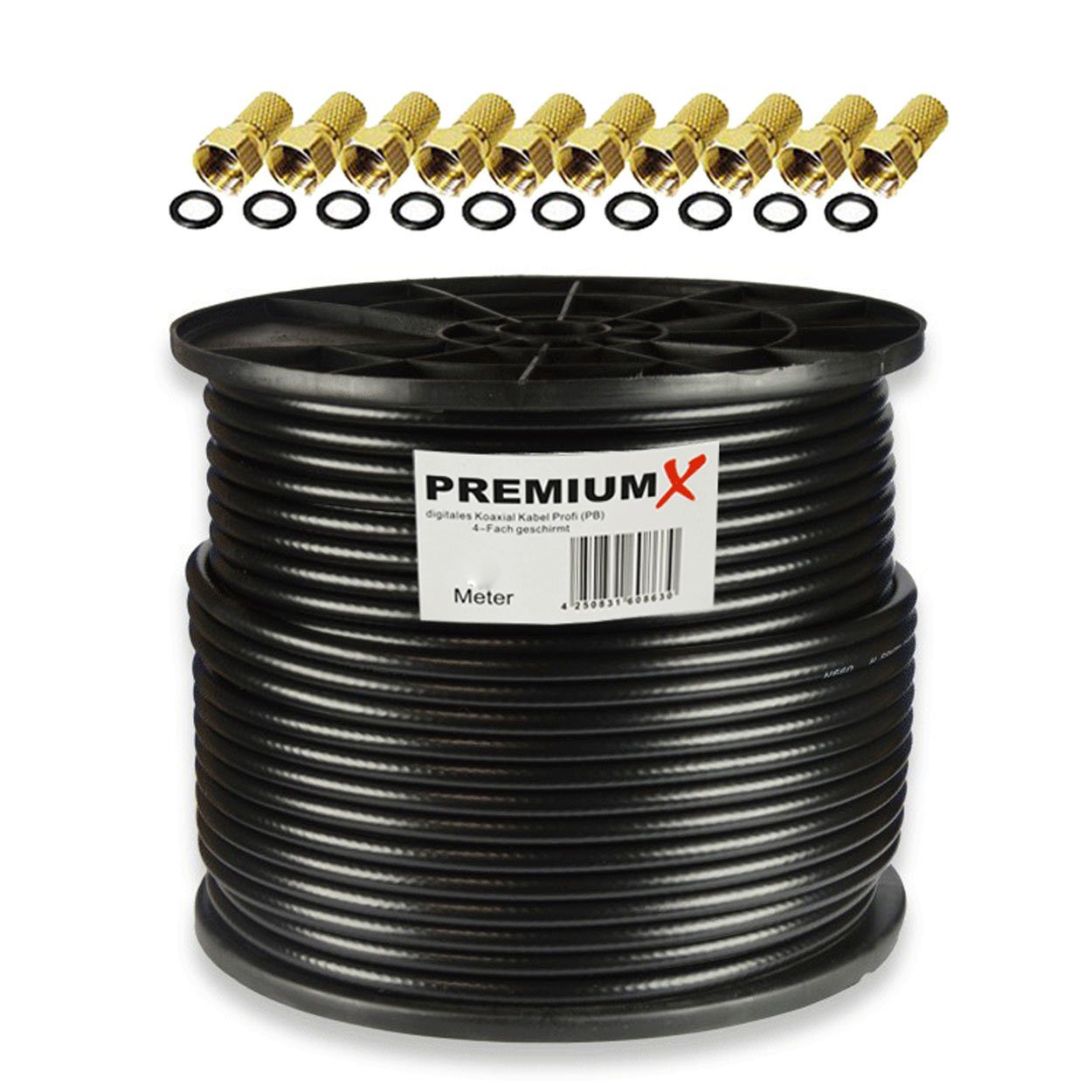 PremiumX KUPFER Koaxialkabel SAT-Kabel 135dB 4-fach 100m F-Stecker PROFI Schwarz 10x
