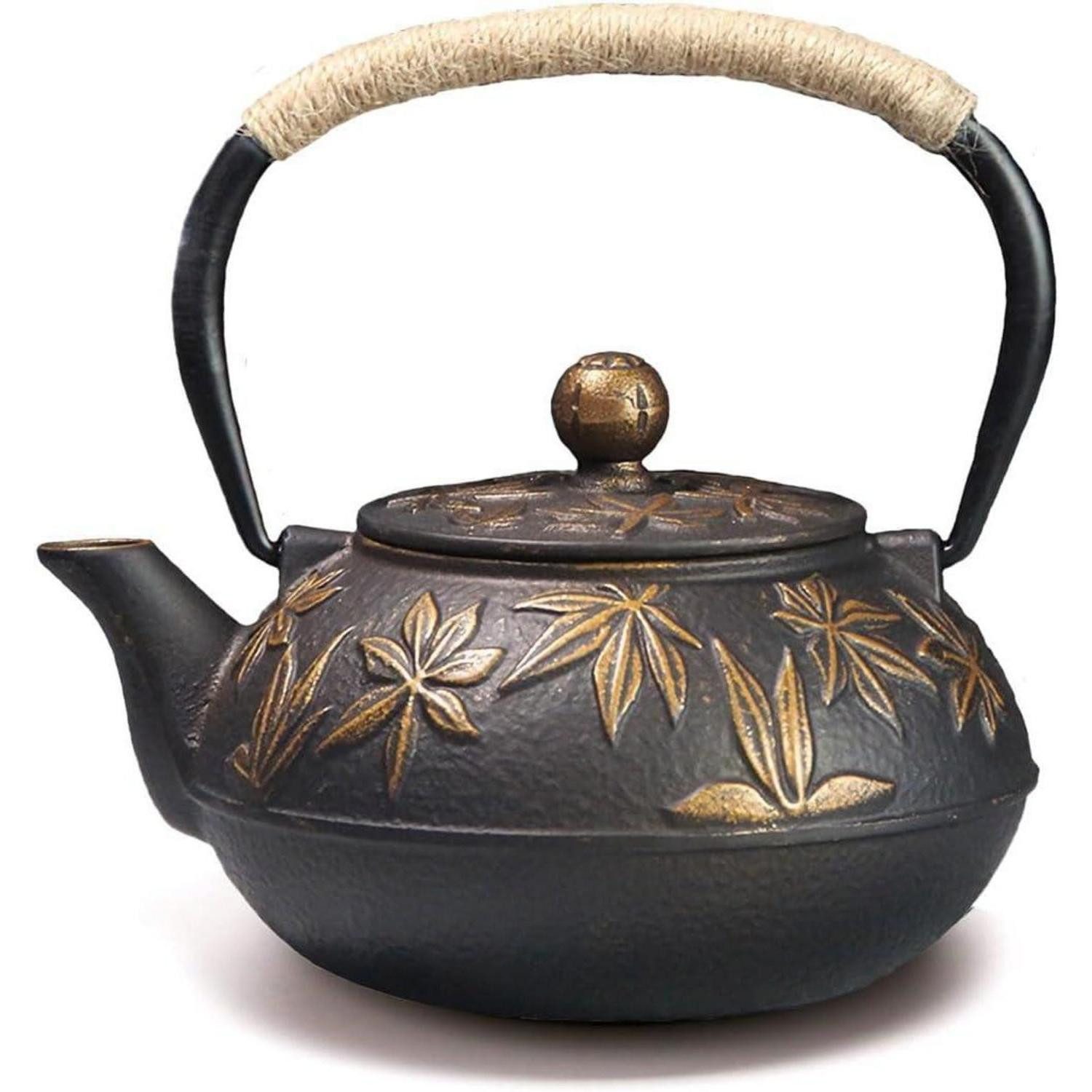 LuxusKollektion Teekanne Teekanne Gusseisen 800ml Asiatisch Edelstahl Gold Ahornblätter