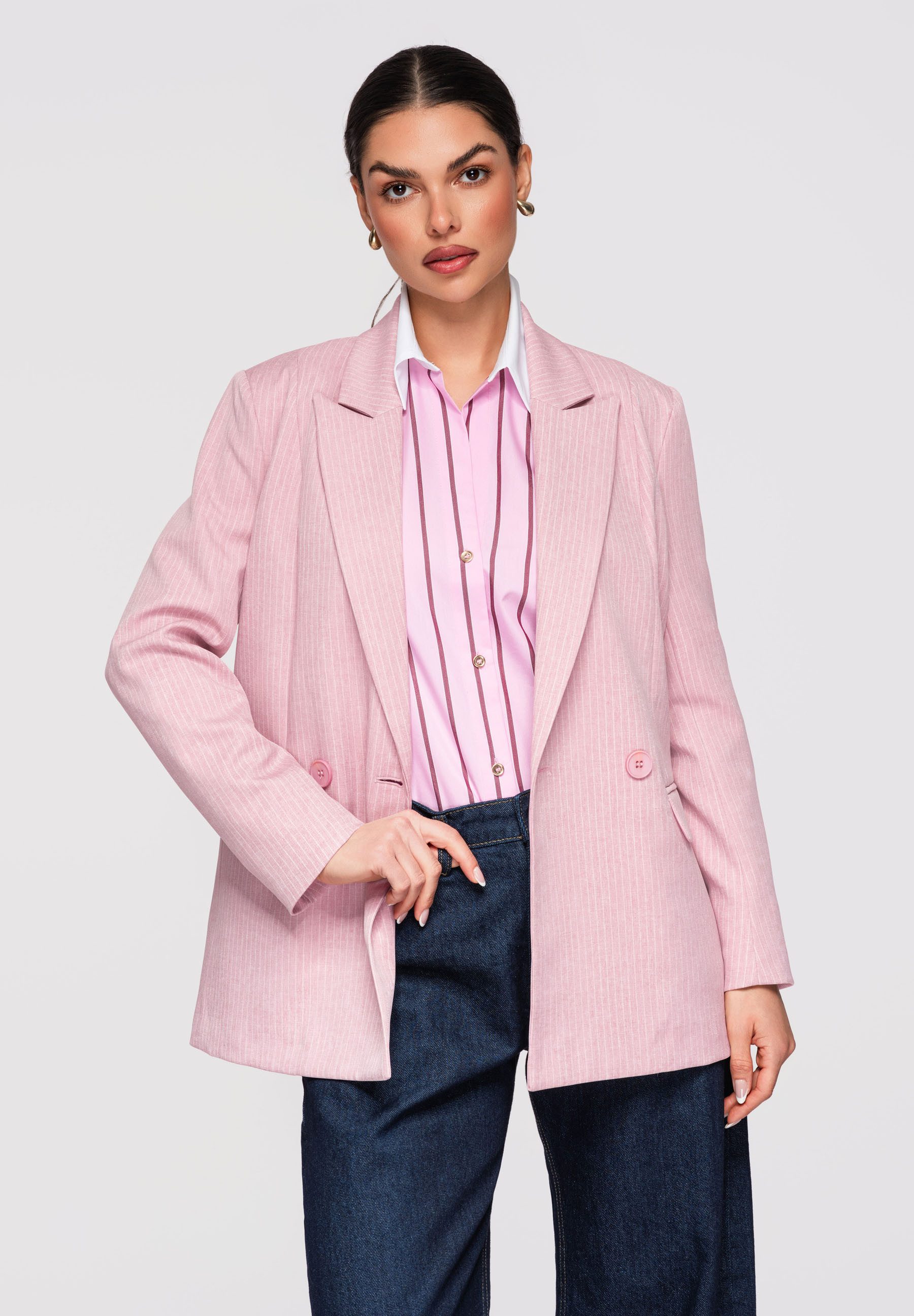 OMBRE Longblazer Damen Blazer Figurbetont Prążki Elegant Light pink M (kein Set, 1-tlg) Zweireihige Knopfleiste, Pattentaschen