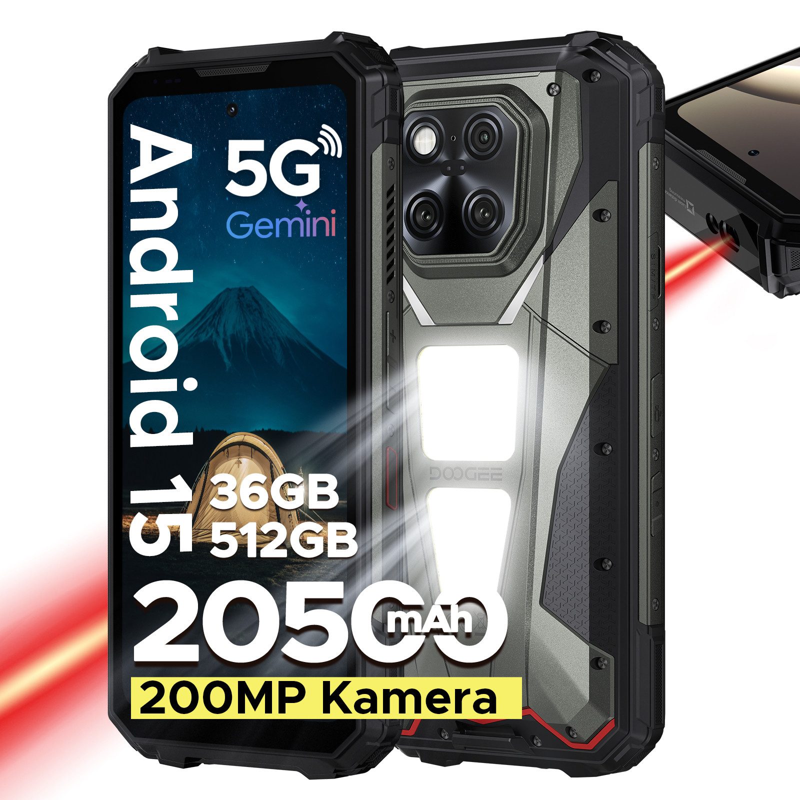 DOOGEE V Max LR 5G AI Outdoor Handy, 40m Laserdetektion, 512GB, 20500mAh/45W Smartphone (6.78 Zoll, 512 GB Speicherplatz, 200 MP Kamera, 1200LM Campinglampe, 120Hz, 200MP+32MP Kamera, NFC, WiFi6E, 3 Karten)