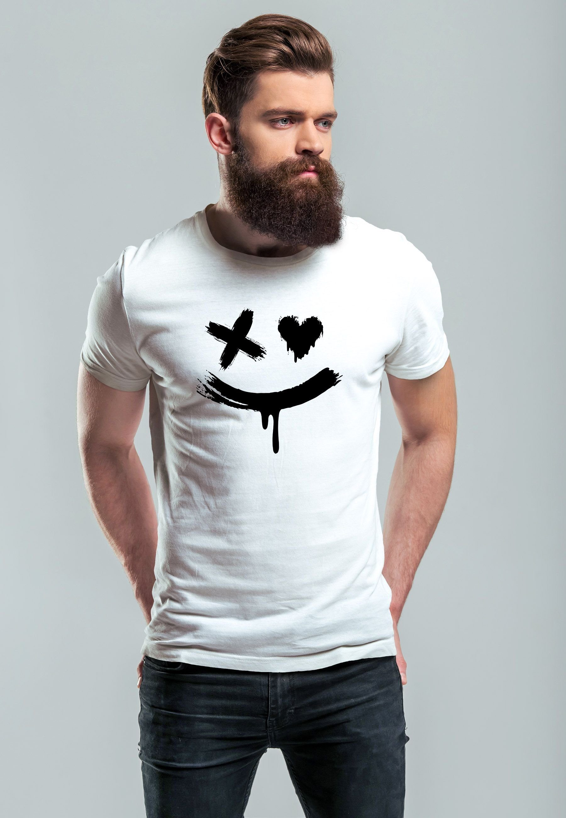Neverless Aufdruck Print weiß mit Fashion Smile T-Shirt Print Print-Shirt T Techwear mit Herren Streetstyle