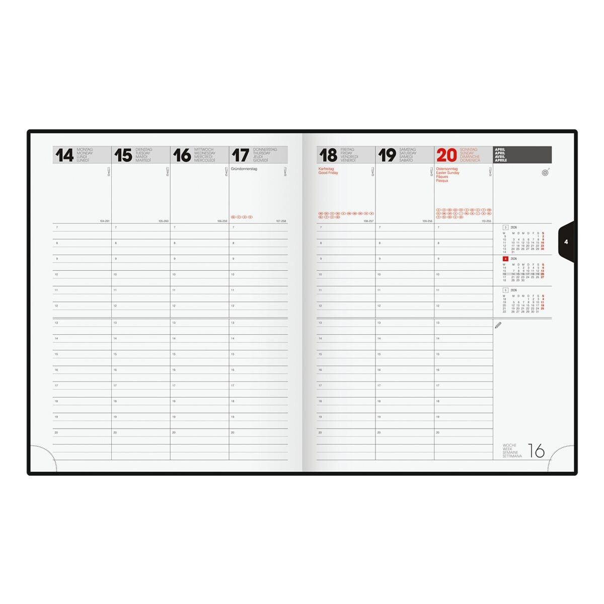 BRUNNEN Buchkalender, für 2026, 2 Seiten = 1 Woche