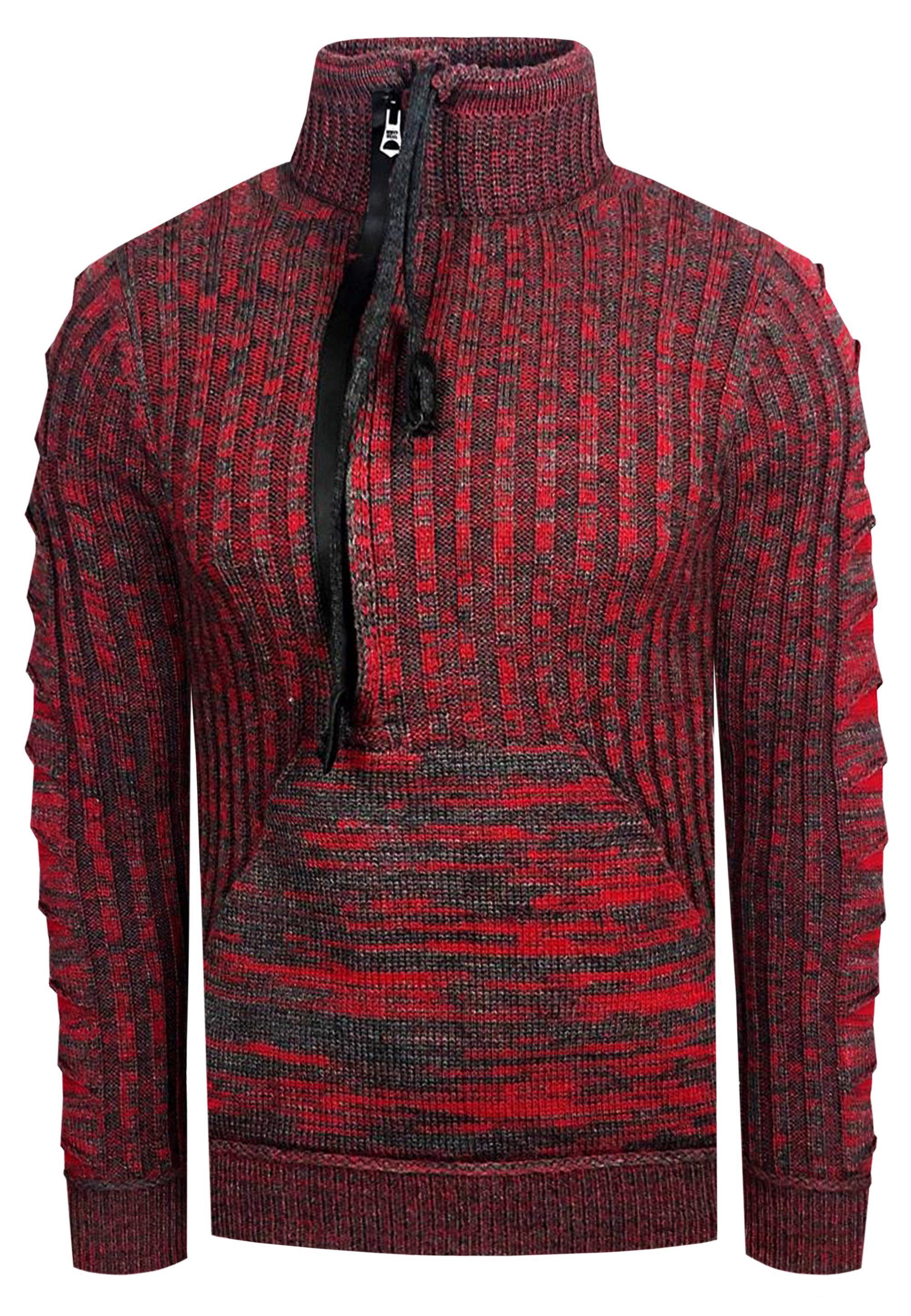 Stehkragenpullover Stehkragen Grob Strick Pullover mit Zipper und Logo Schriftzug