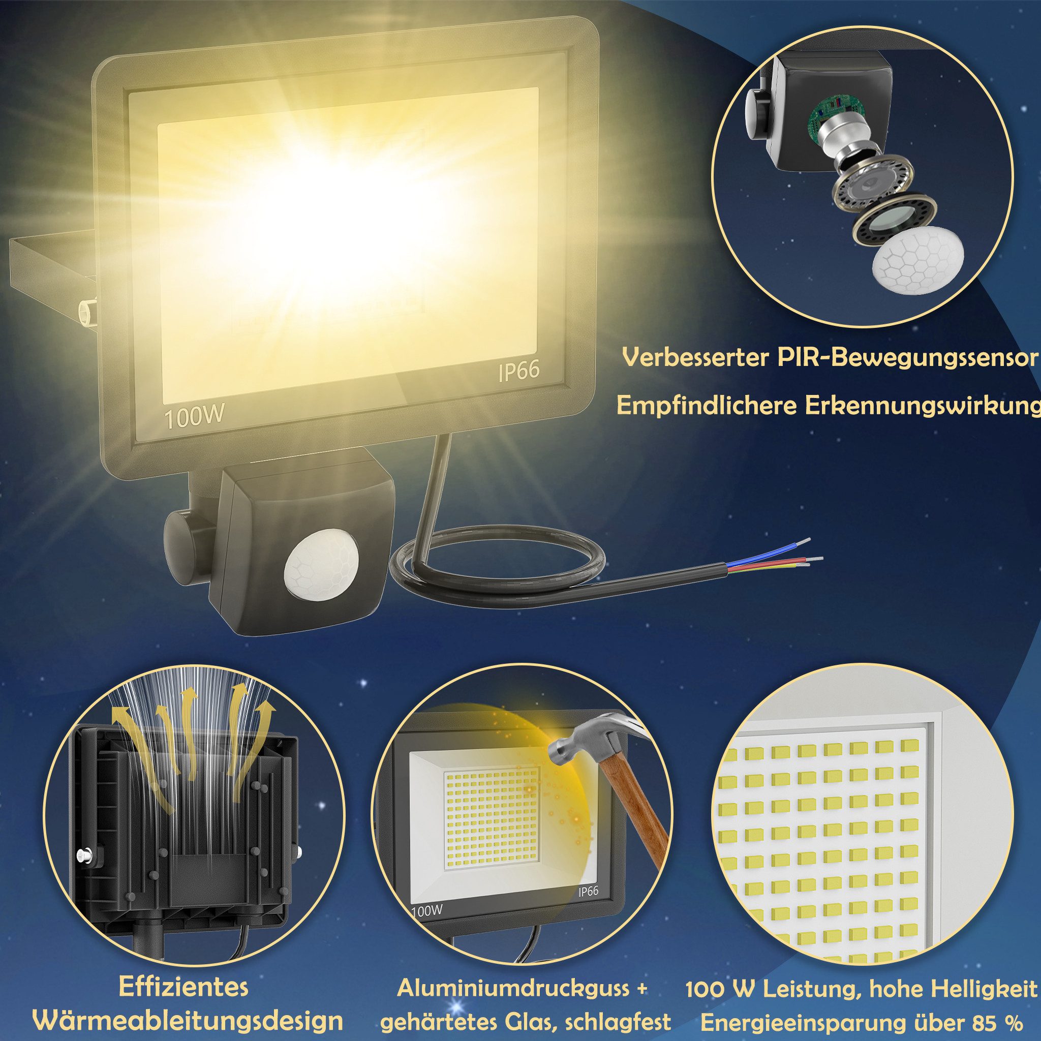 FIVMEN LED Flutlichtstrahler LED Strahler mit Bewegungsmelder 100W Superhell Scheinwerfer, Aussenlampe für Garten, Innenhöfe, Garage – Bild 3 von 5