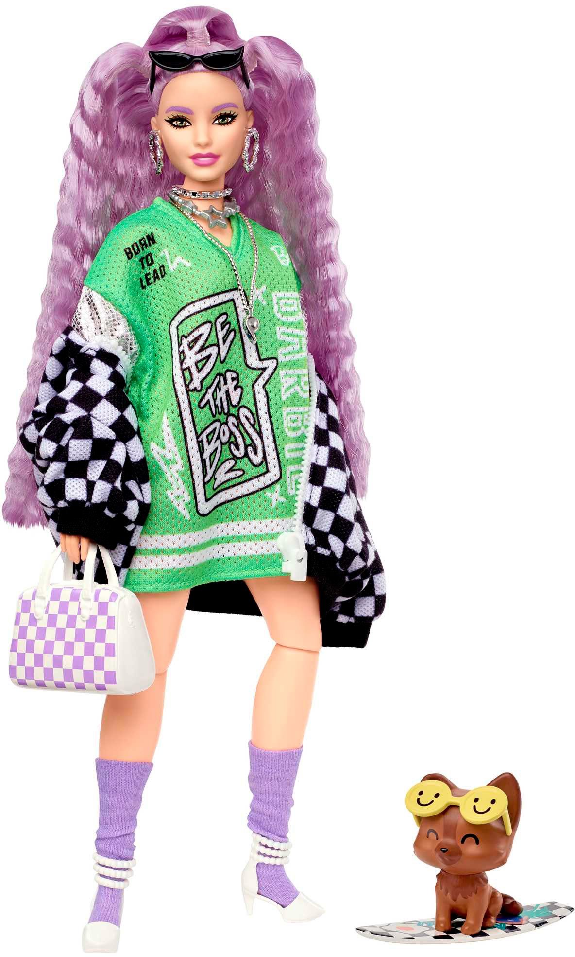 Barbie Anziehpuppe Extra, (Pastellviolett Haare) mit schwarz-weißer Jacke,  Hund & Zubehör
