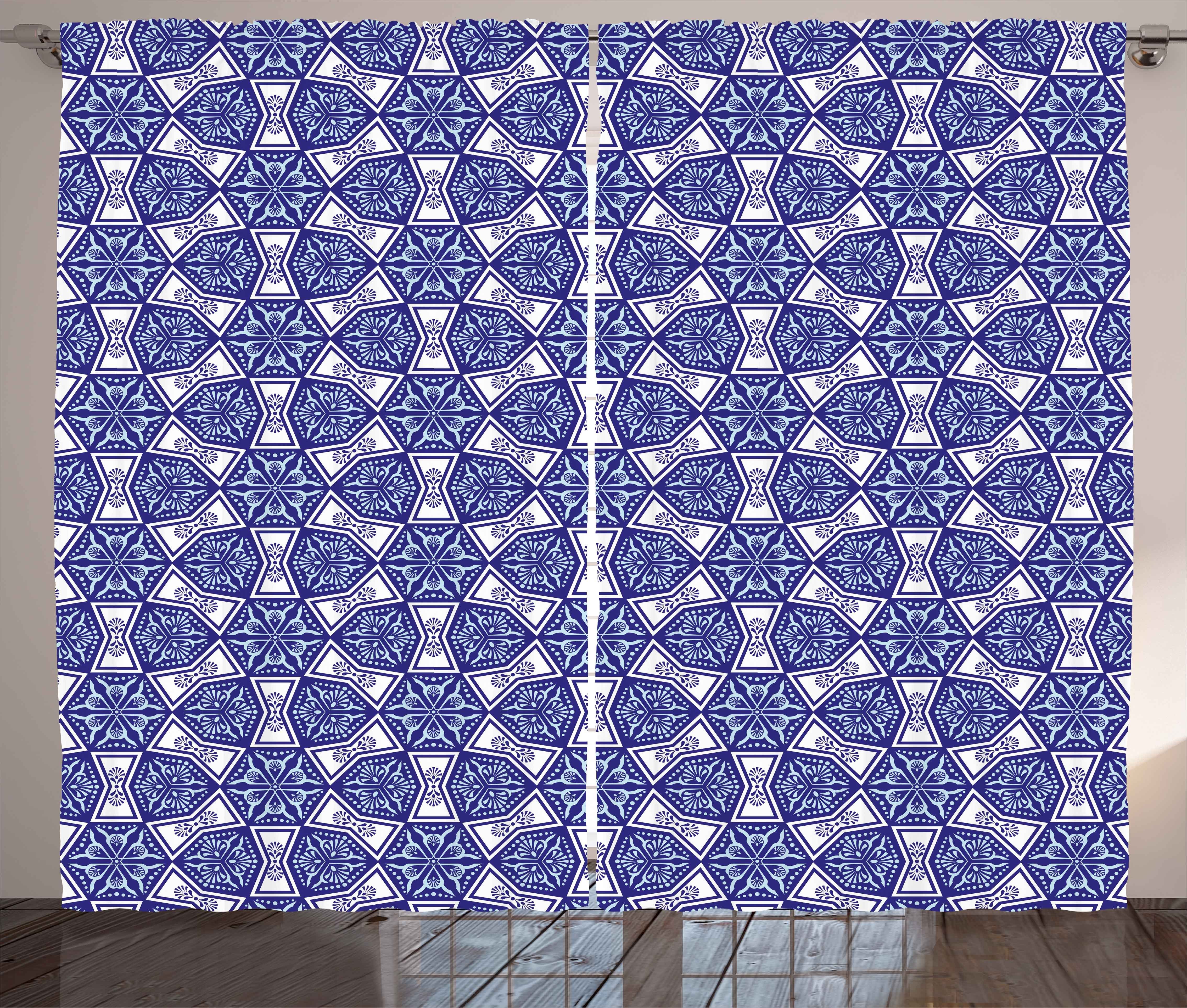 Gardine Schlafzimmer Kräuselband Vorhang mit Schlaufen und Haken, Abakuhaus, Blau Indigo Floral Geometrisch