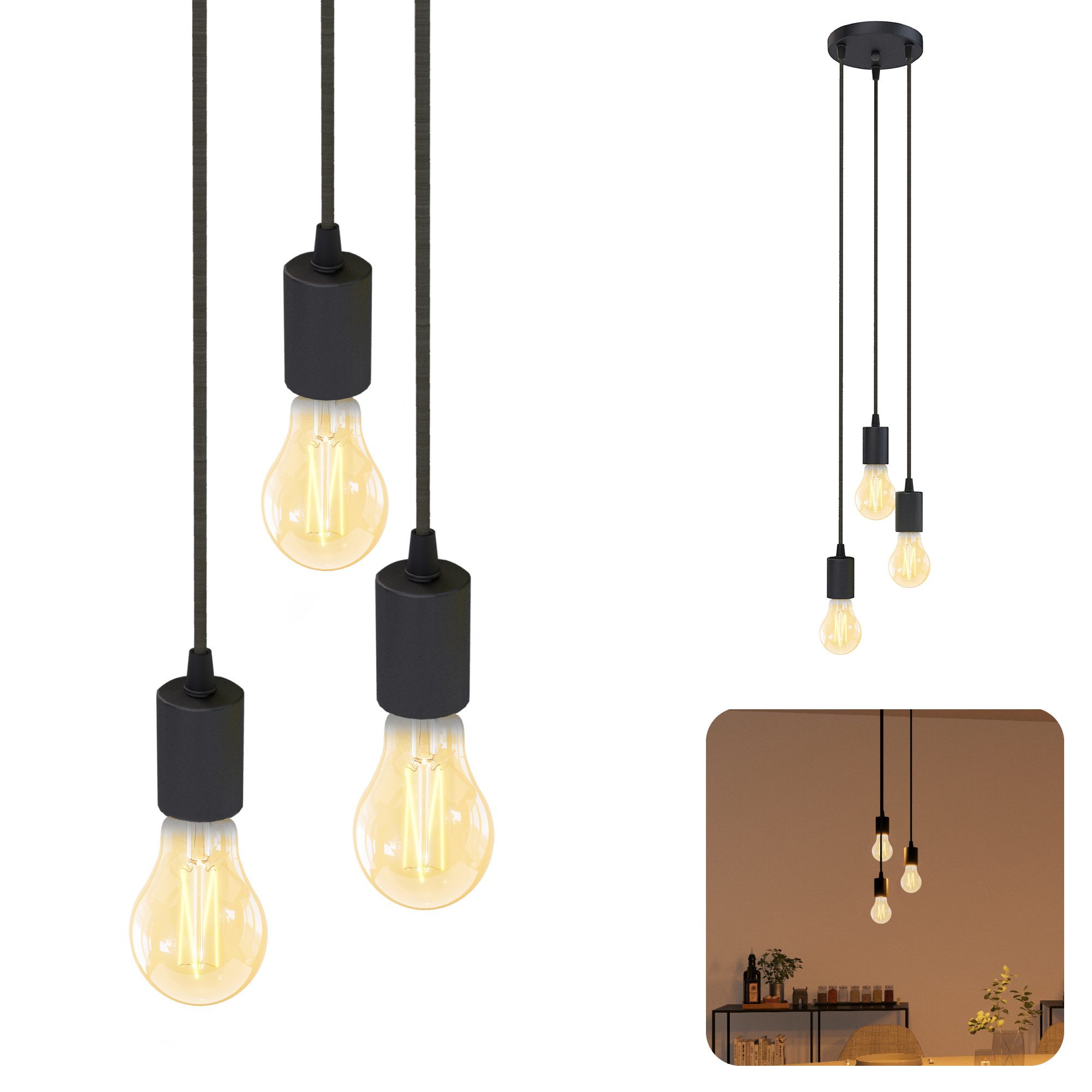 SSC-LUXon LED-Hängeleuchte Hängeleuchte PARU 3er mit Smart E27 Birnen WLAN dimmbar CCT, Warmweiß bis Tageslicht