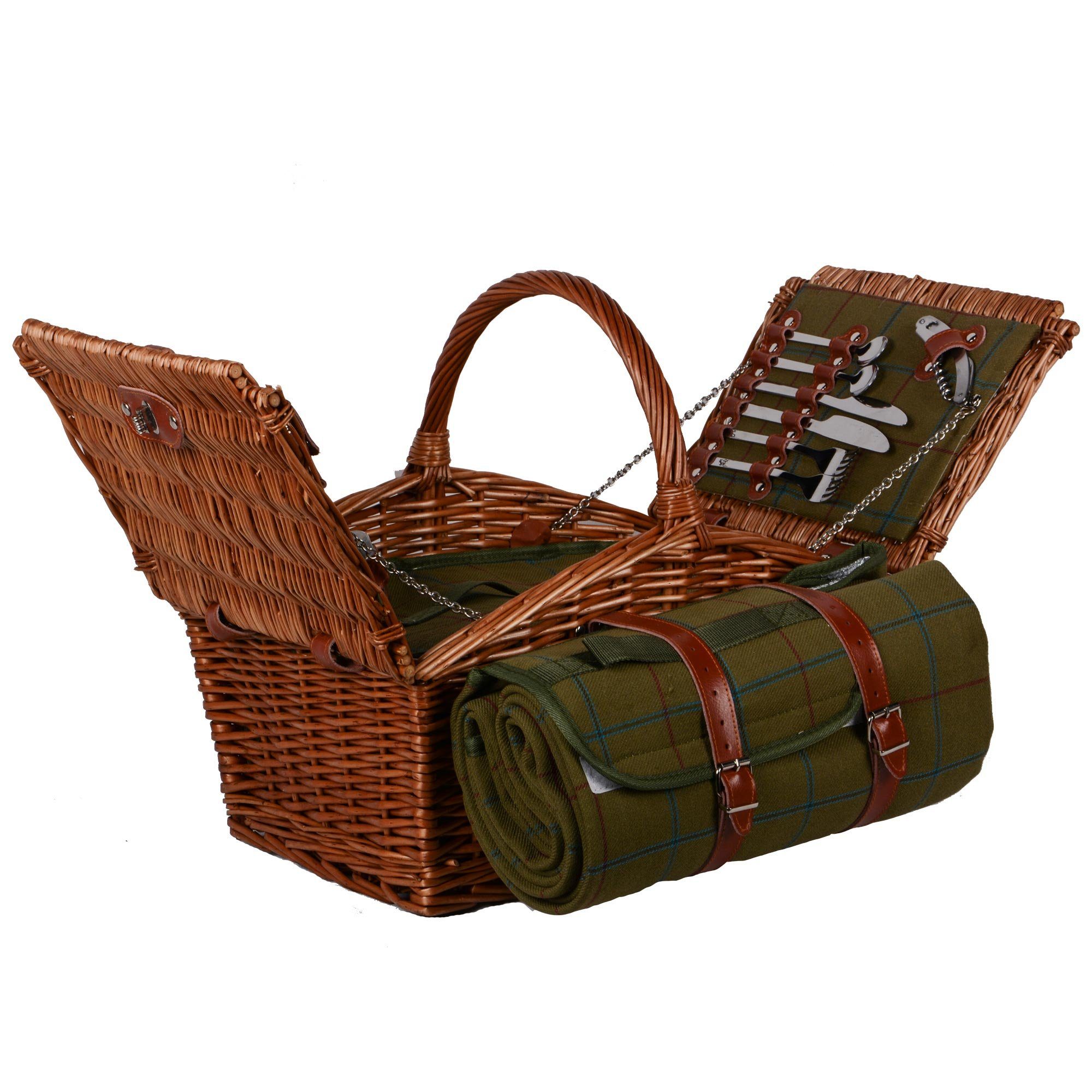 UNUS GARDEN Picknickkorb Weidenkorb für 2 Personen (Abmessung 28/40x32x48cm (HxBxL), inklusive Picknickdecke und inklusive Besteck, Geschirr, uvm.