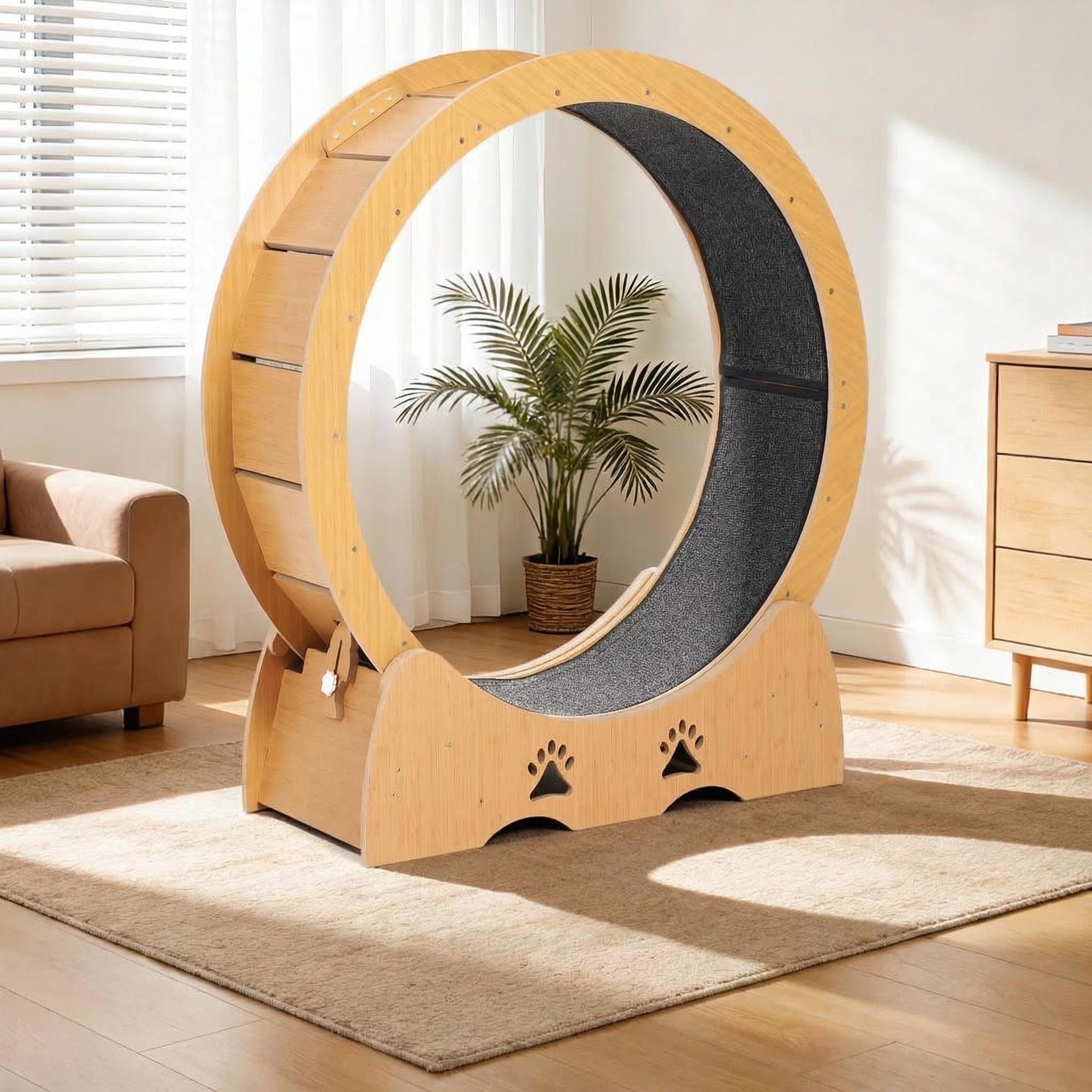 GarveeMore Tierlaufrad mit Trainingszubehör, Durchmesser 87 cm, für Katzen bis 16,3 kg, für Wohnzimmer, Schlafzimmer, grün/natur