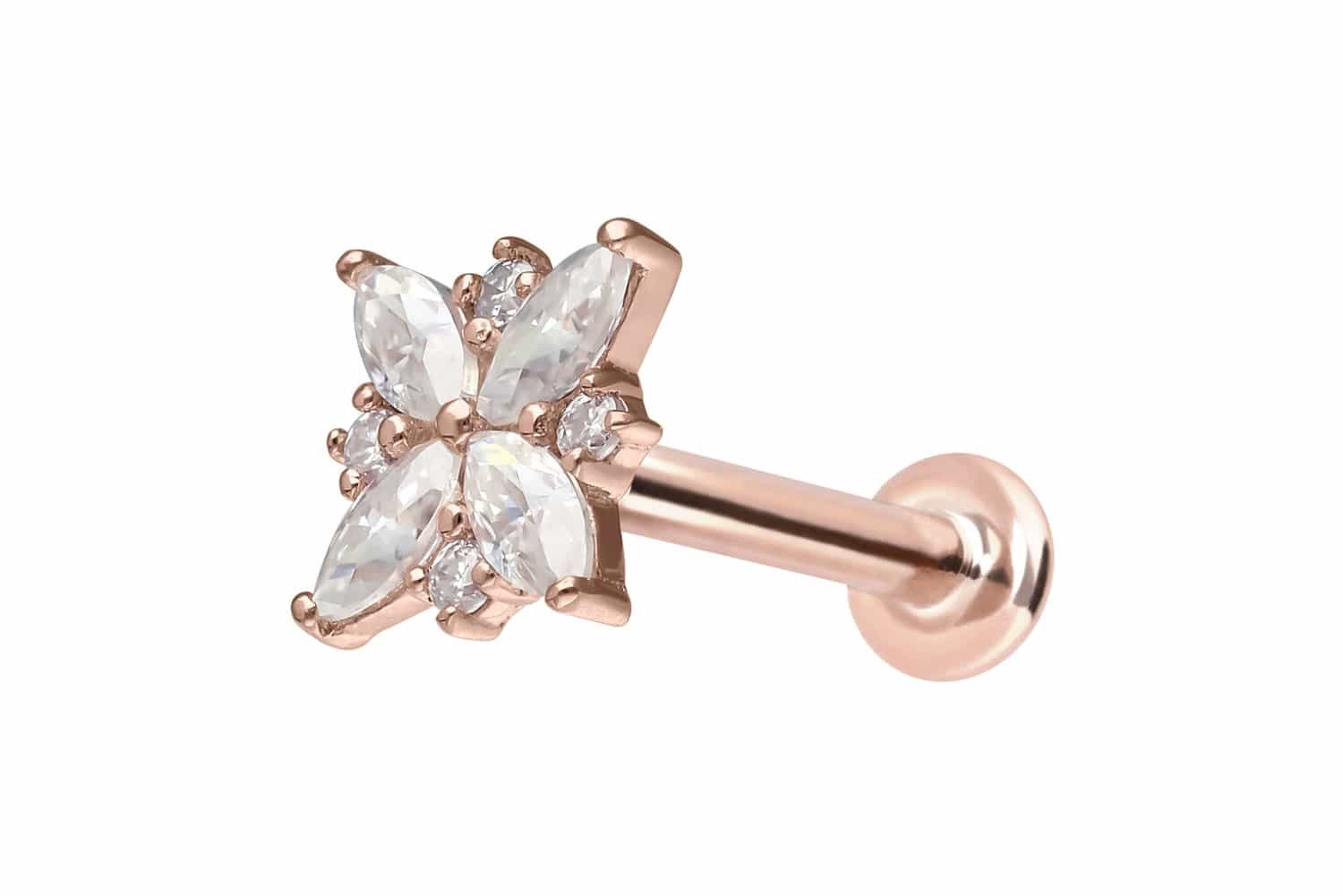 Piercing-Set 14 Karat Gold Labret mit Push Fit MOISSANIT-BLUME