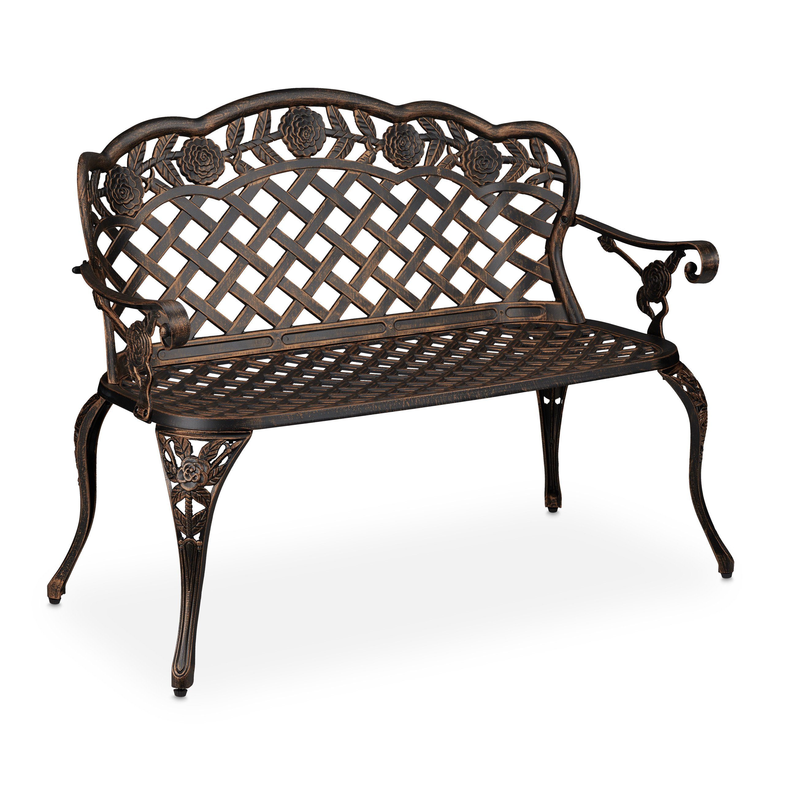 relaxdays Gartenbank Antike Gartenbank mit Rosen, Schwarz-Bronze