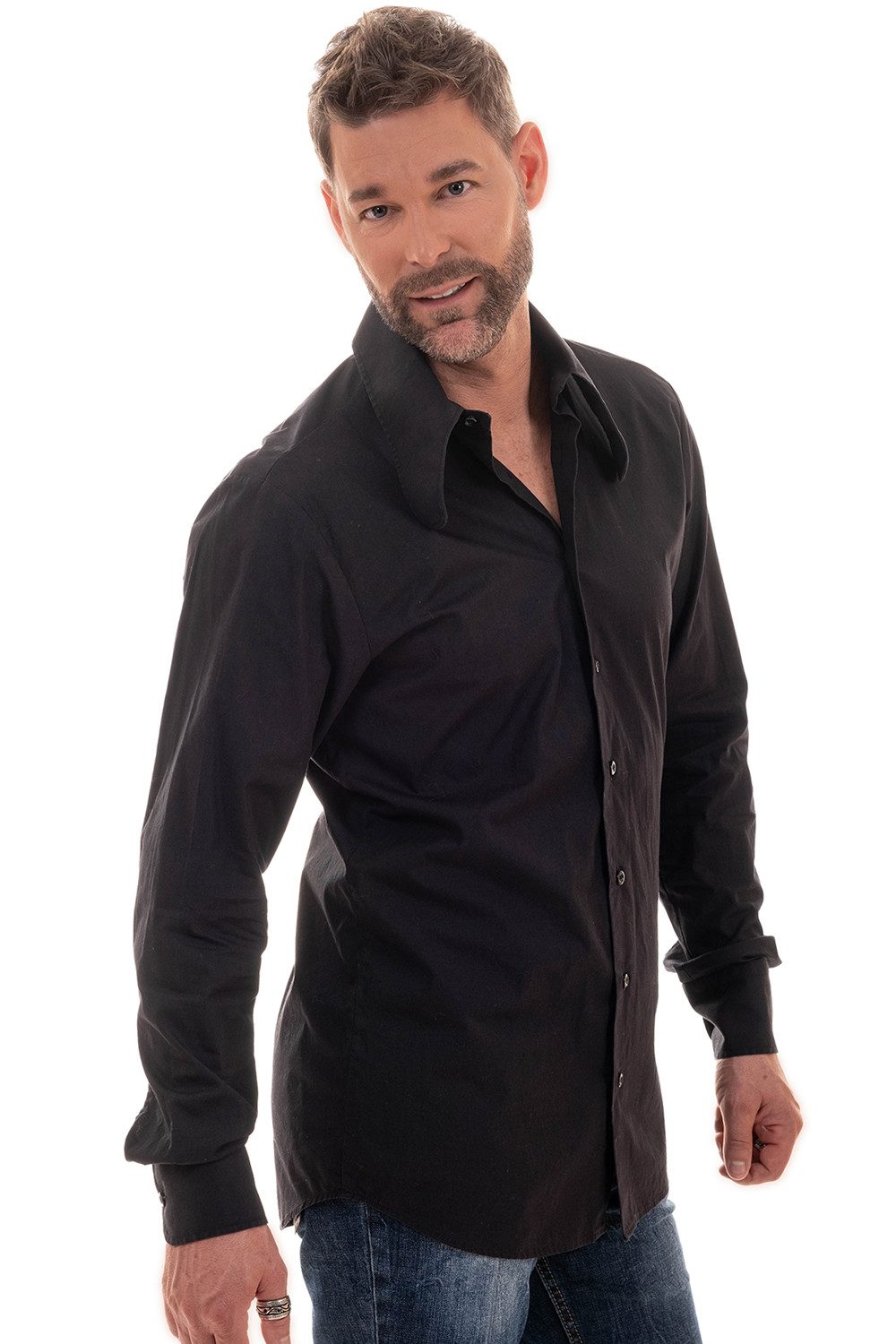 Comycom Langarmhemd Herren 70er mit Dackelohrkragen in schwarz